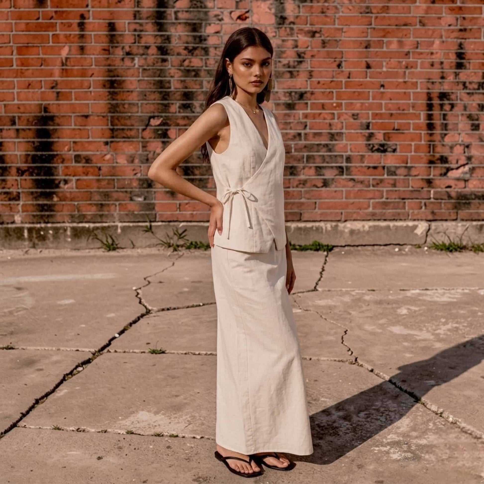 Linen Vest And Skirt Set​, Sleeveless Wrap Top And Maxi Skirt Set