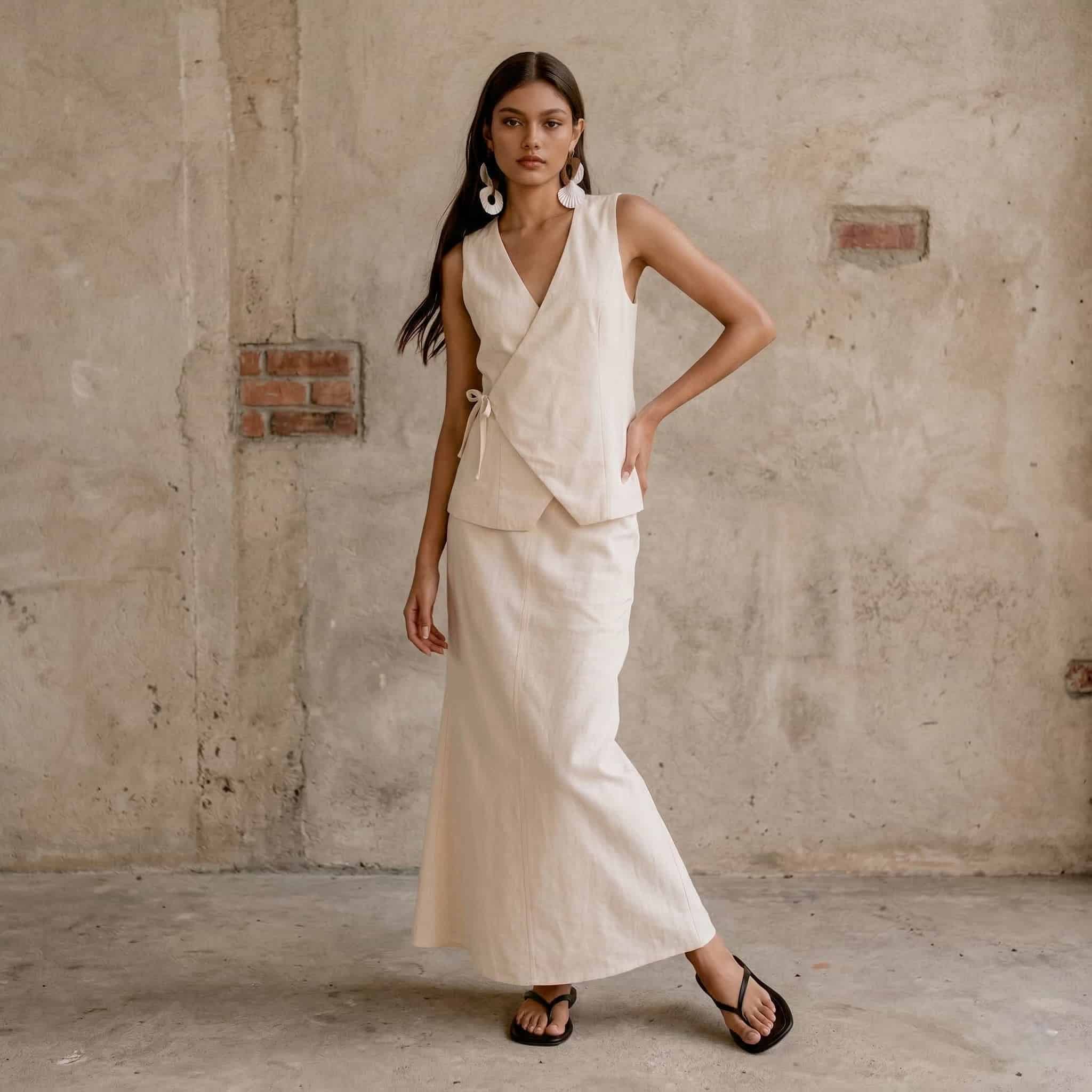 Linen Vest And Skirt Set​, Sleeveless Wrap Top And Maxi Skirt Set