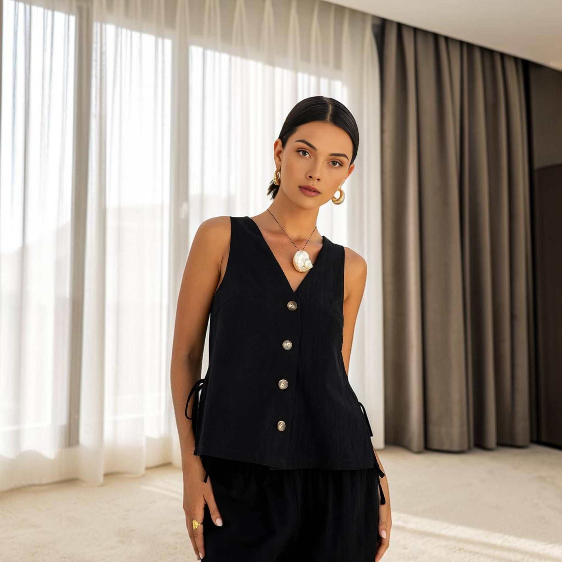 Linen Vest Set, Side Tie Vest Top And Wide Leg Pants