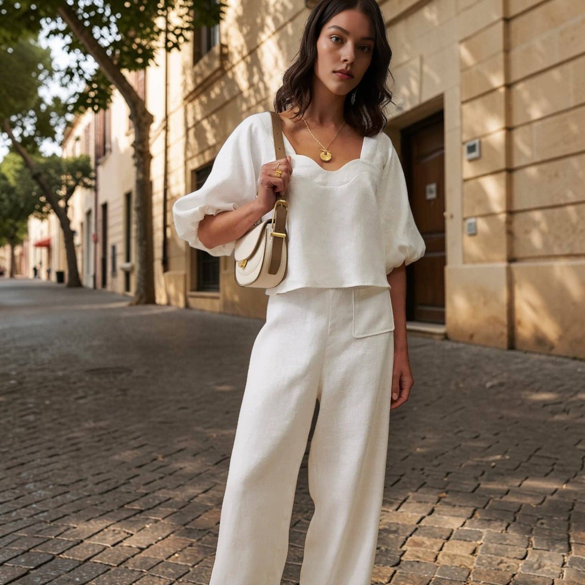 Linen Wide-Leg Pants, High-Waisted Patch-Pocket Pants
