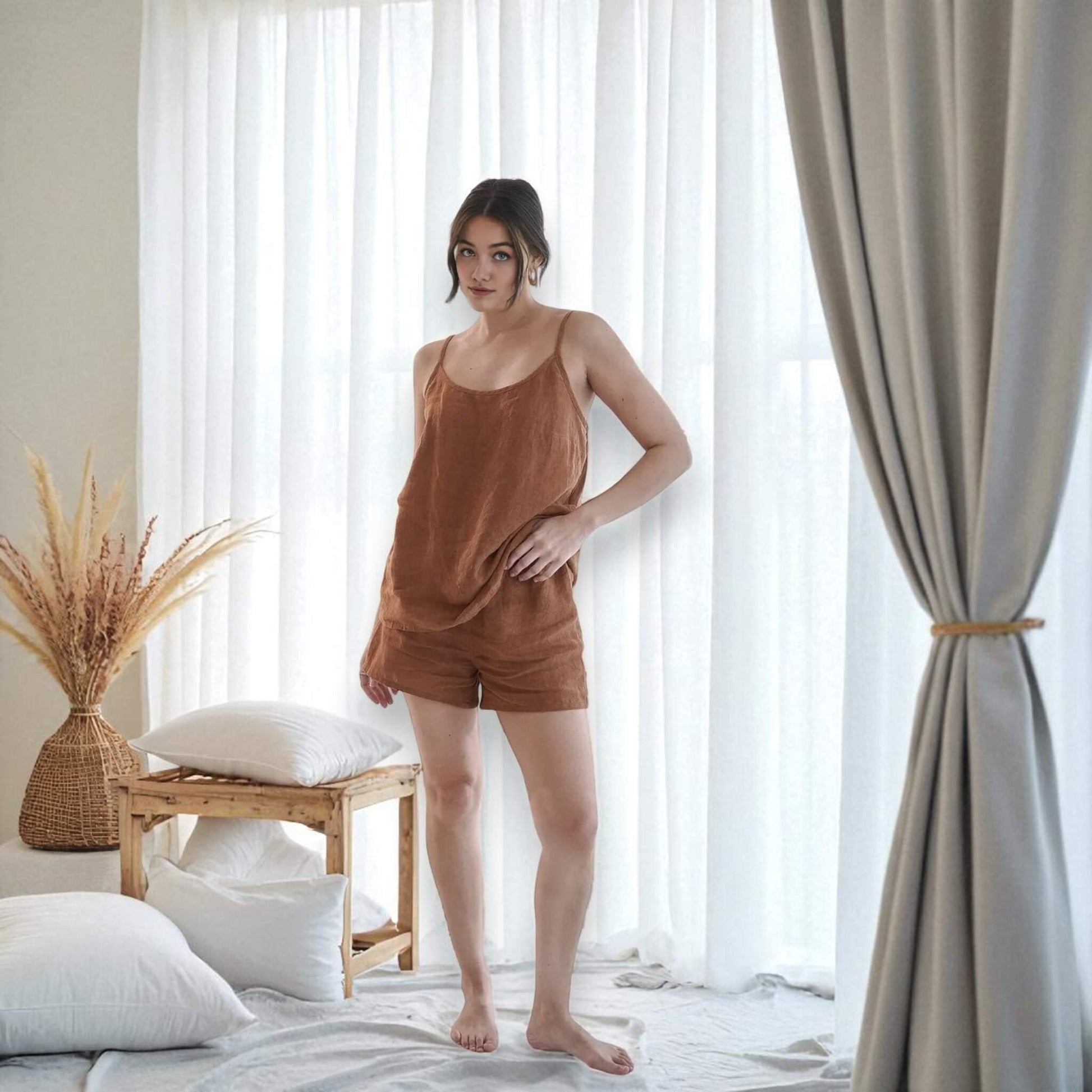 Linen Womens Pajamas, Linen Cami Top And Lounge Shorts Set