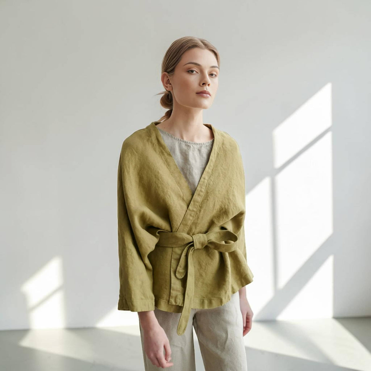 Linen Wrap Jacket, Tie-Waist Kimono-Sleeve