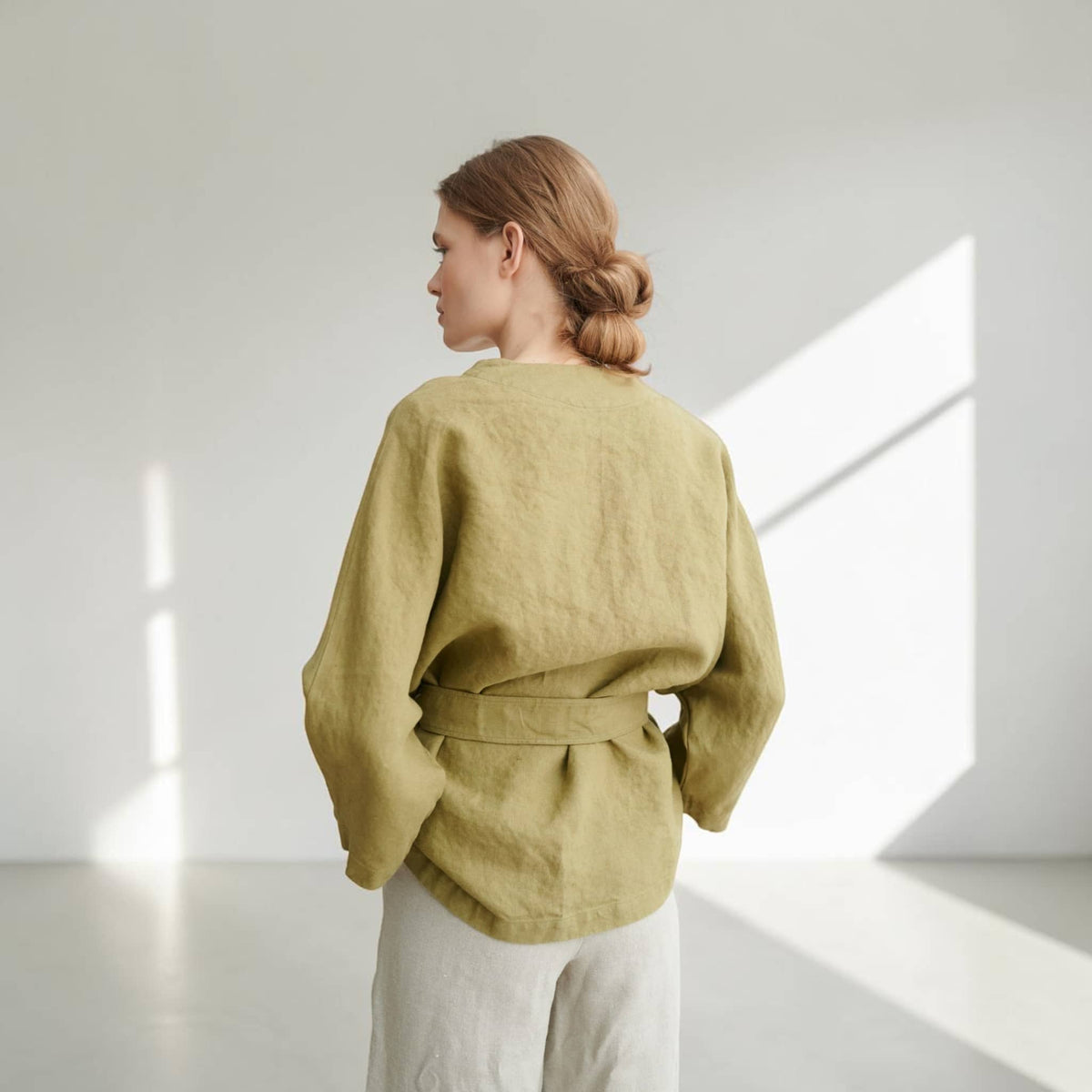 Linen Wrap Jacket, Tie-Waist Kimono-Sleeve