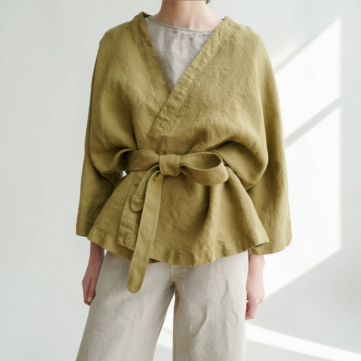Linen Wrap Jacket, Tie-Waist Kimono-Sleeve