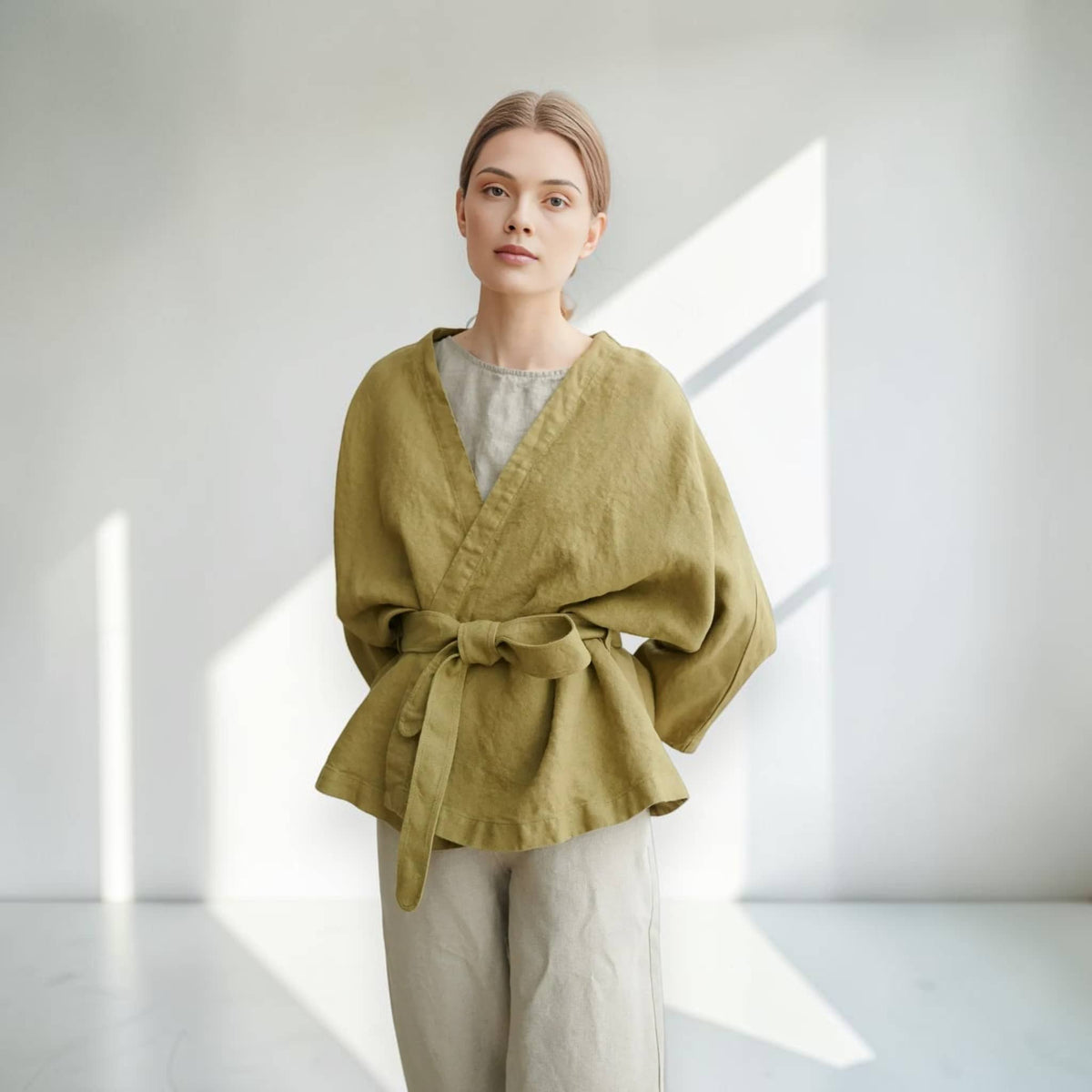 Linen Wrap Jacket, Tie-Waist Kimono-Sleeve