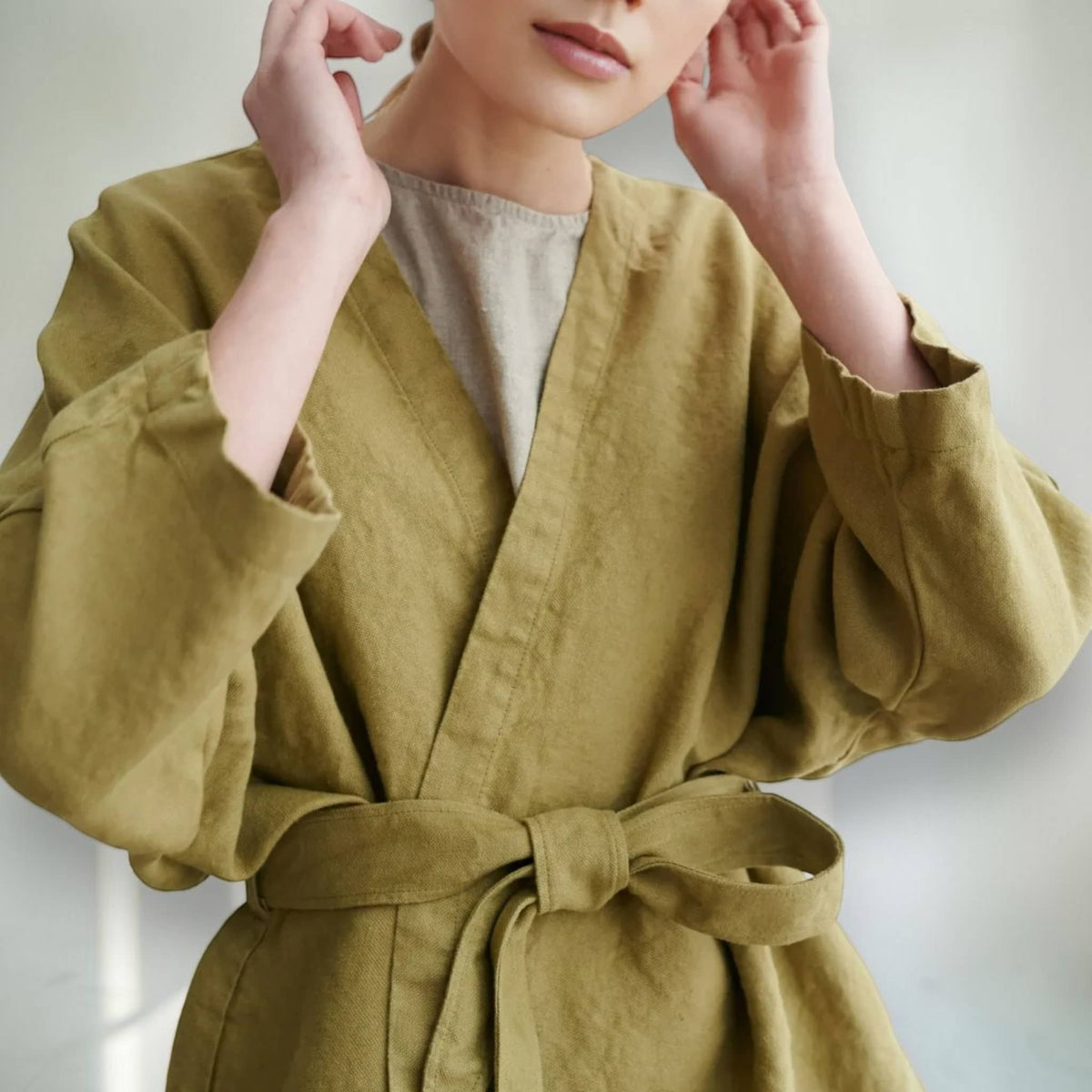 Linen Wrap Jacket, Tie-Waist Kimono-Sleeve