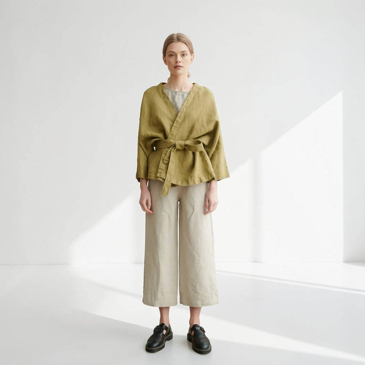 Linen Wrap Jacket, Tie-Waist Kimono-Sleeve