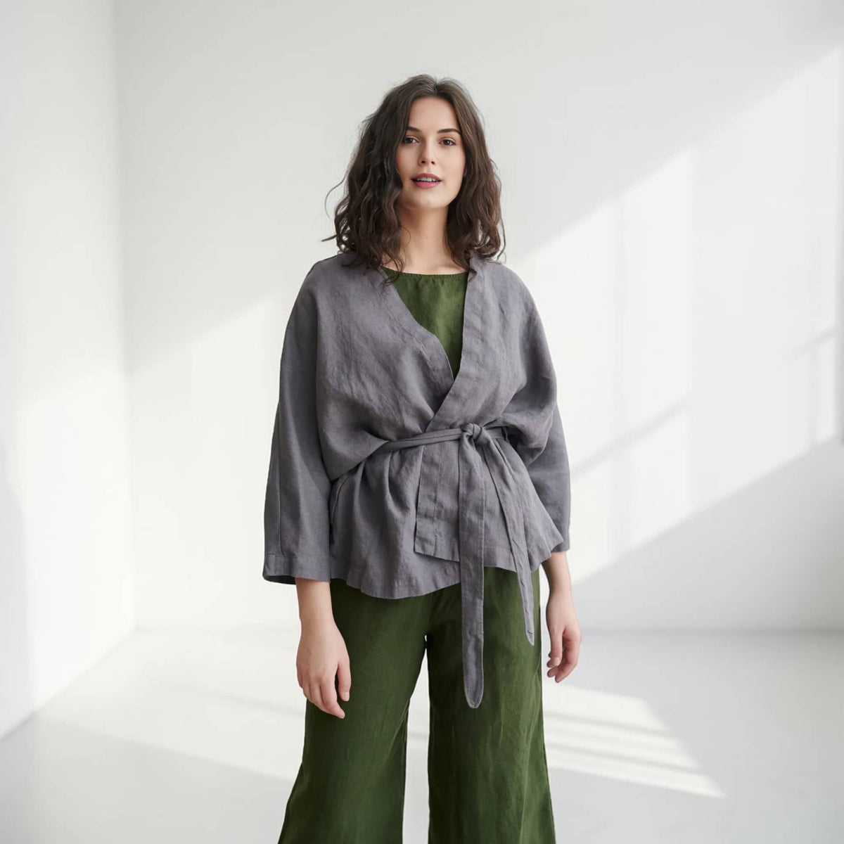 Linen Wrap Jacket, Tie-Waist Kimono-Sleeve