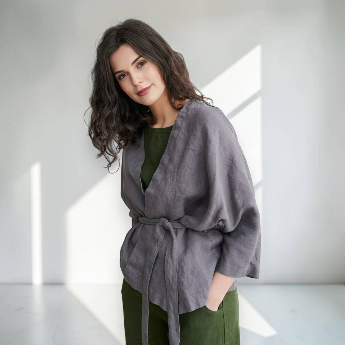 Linen Wrap Jacket, Tie-Waist Kimono-Sleeve