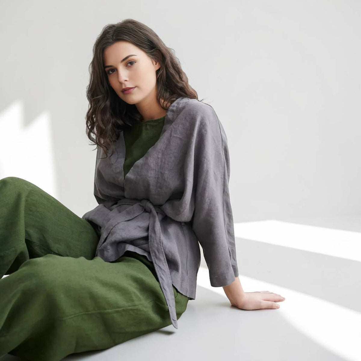 Linen Wrap Jacket, Tie-Waist Kimono-Sleeve