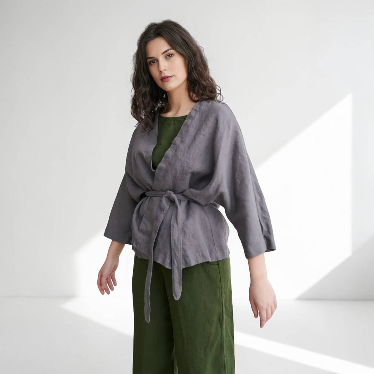 Linen Wrap Jacket, Tie-Waist Kimono-Sleeve