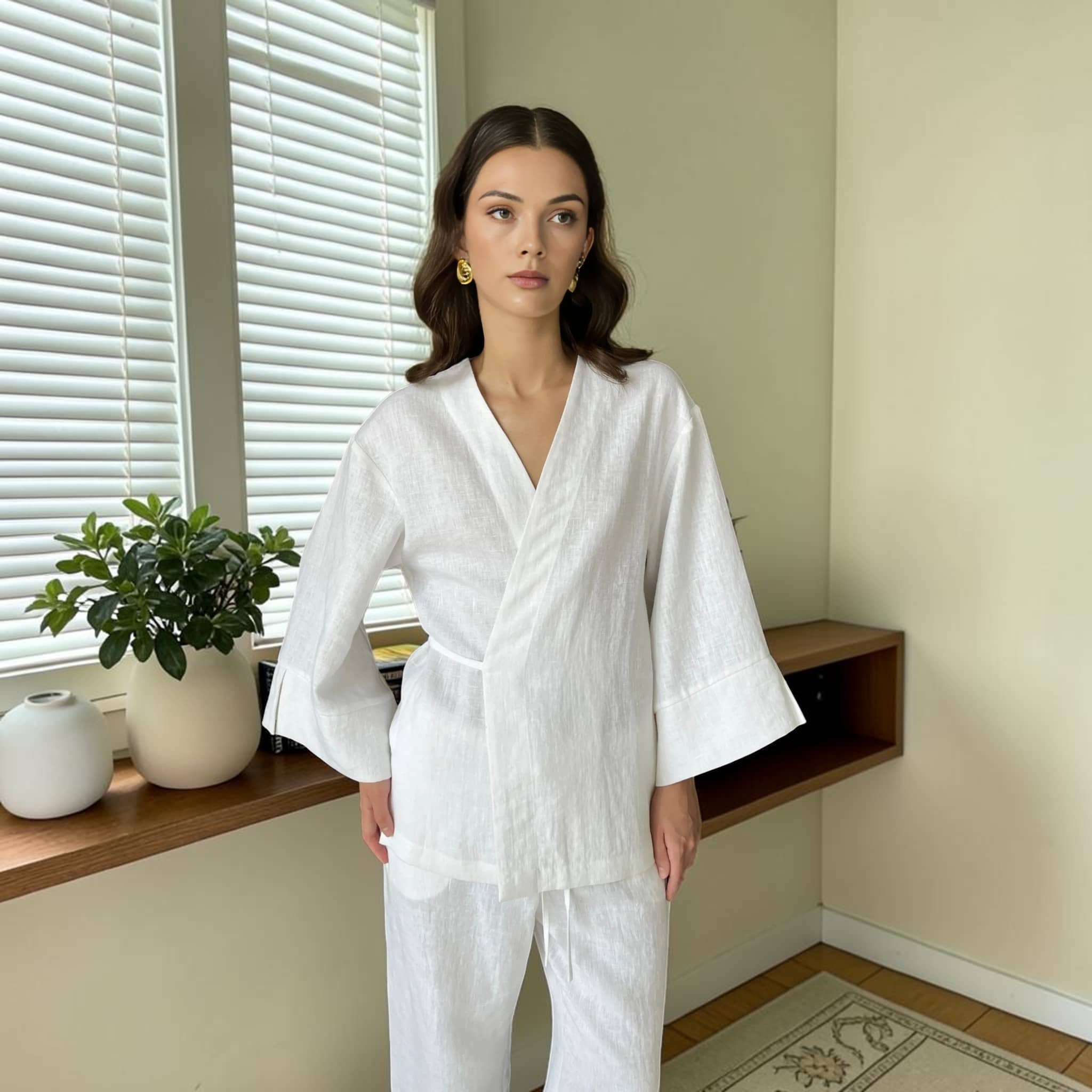 Linen Wrap Kimono Top, Tie Waist