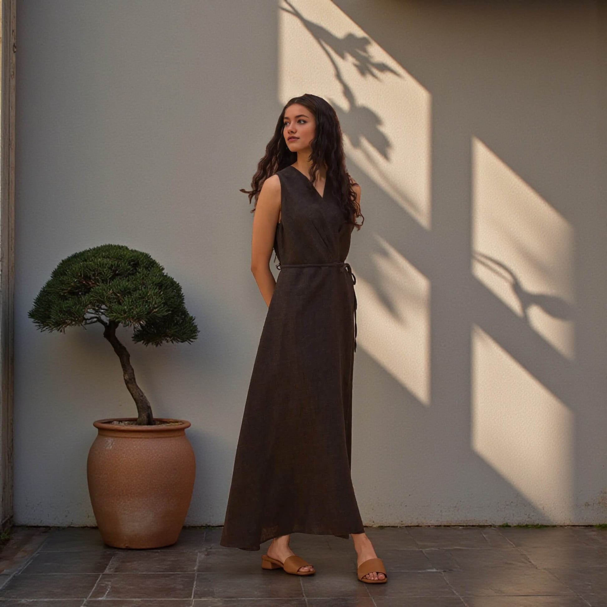 Linen Wrap Maxi Dress, Sleeveless Wrap Maxi Dress