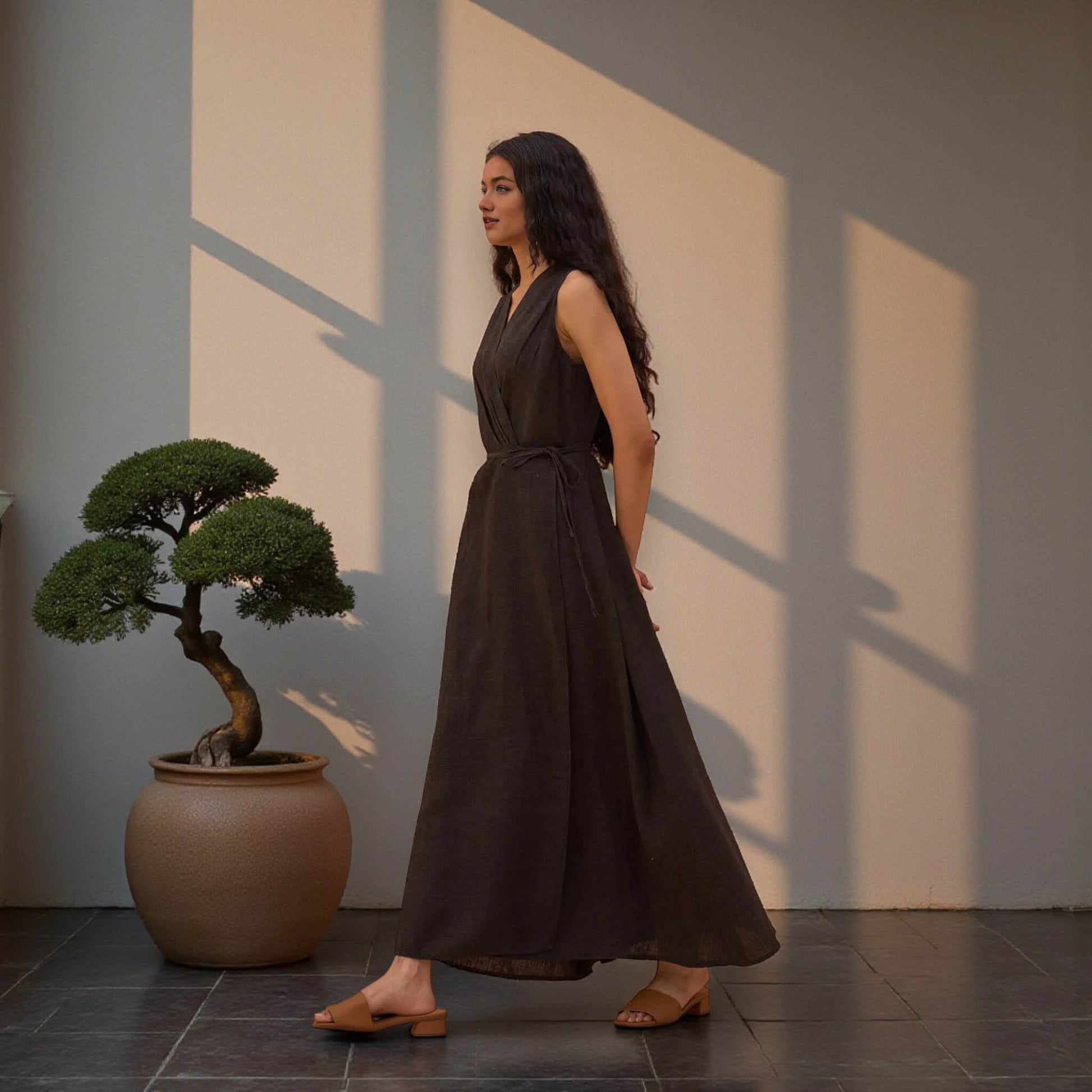 Linen Wrap Maxi Dress, Sleeveless Wrap Maxi Dress