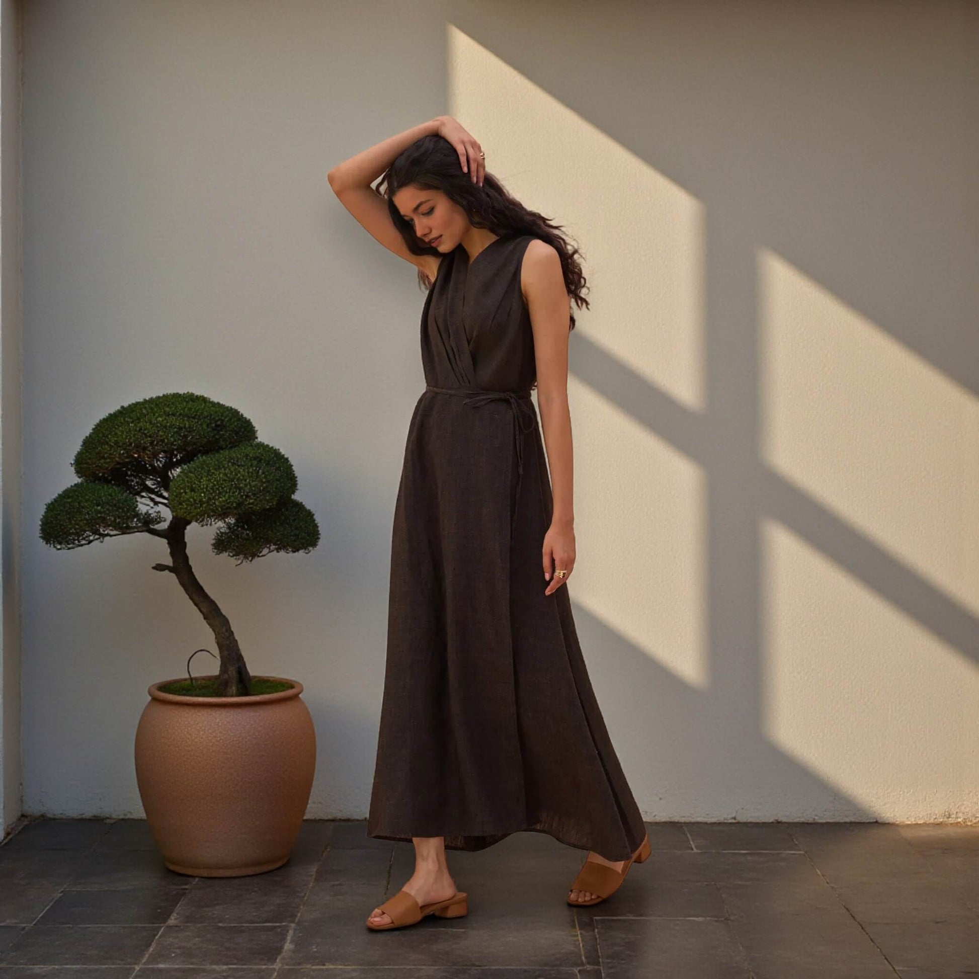 Linen Wrap Maxi Dress, Sleeveless Wrap Maxi Dress