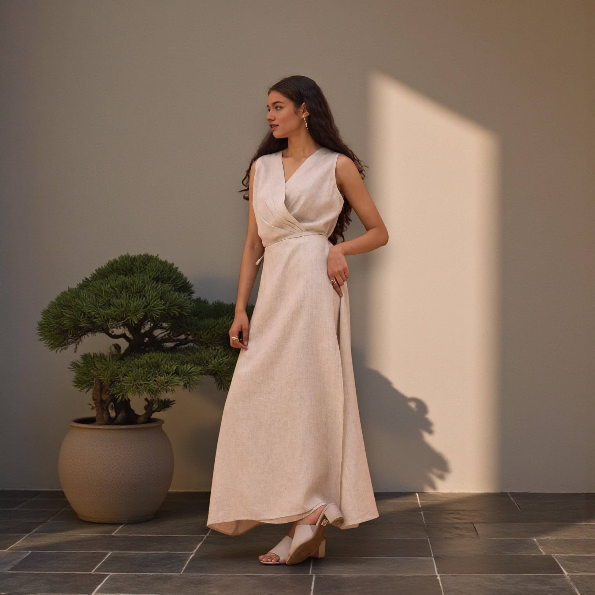 Linen Wrap Maxi Dress, Sleeveless Wrap Maxi Dress