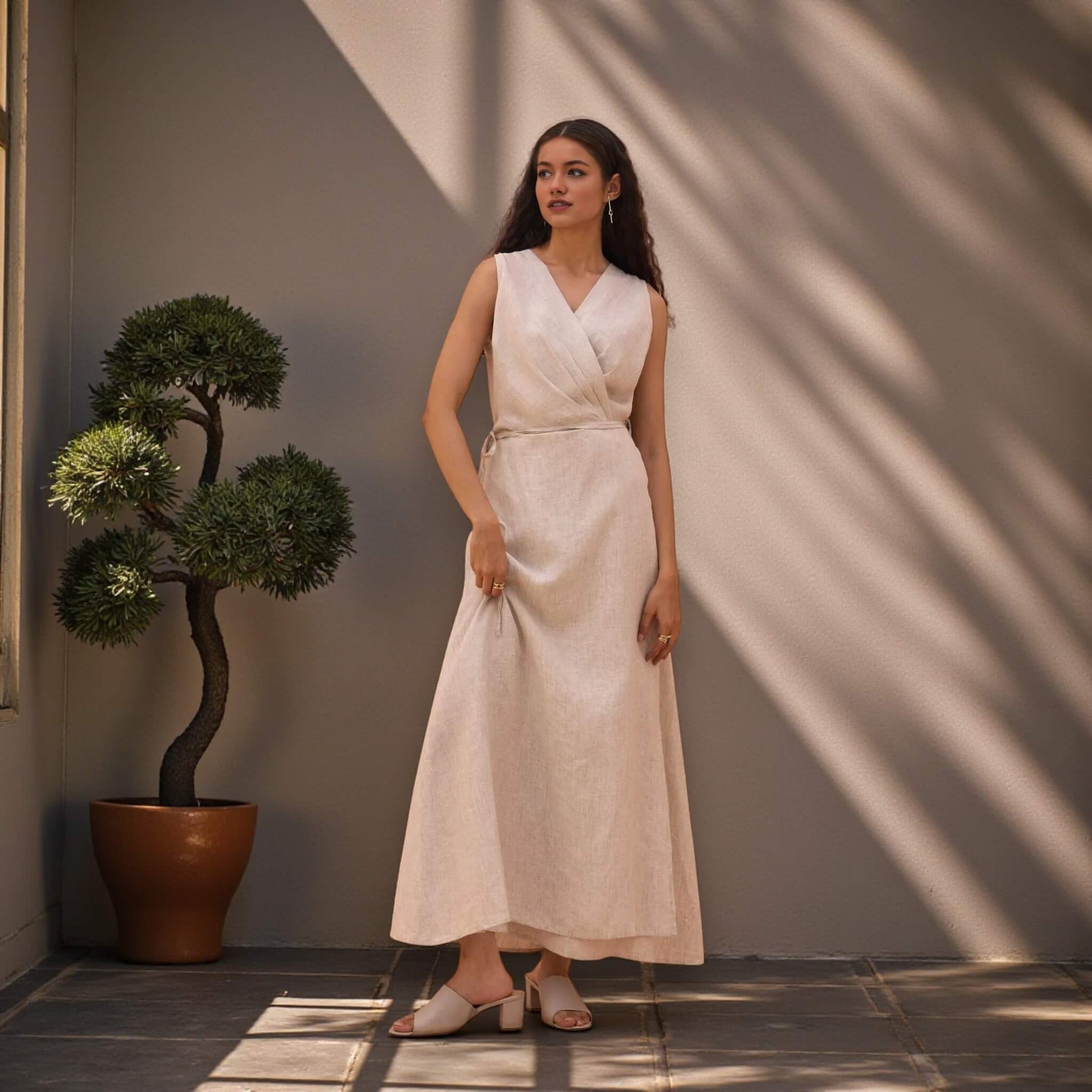 Linen Wrap Maxi Dress, Sleeveless Wrap Maxi Dress