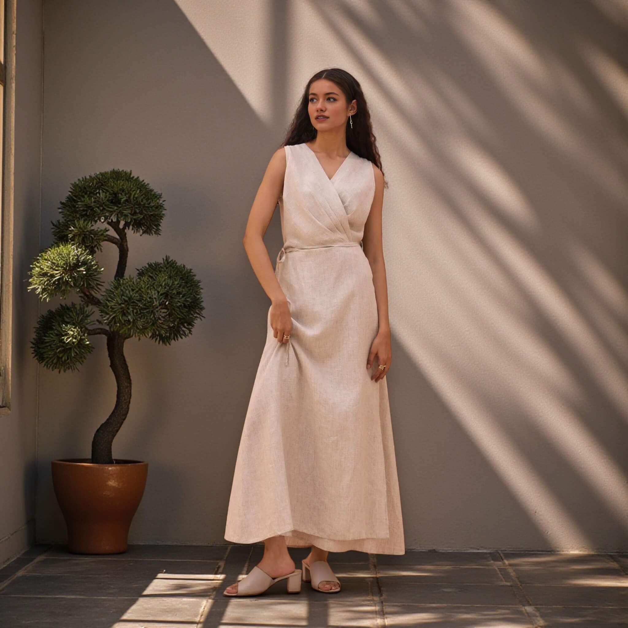 Linen Wrap Maxi Dress, Sleeveless Wrap Maxi Dress