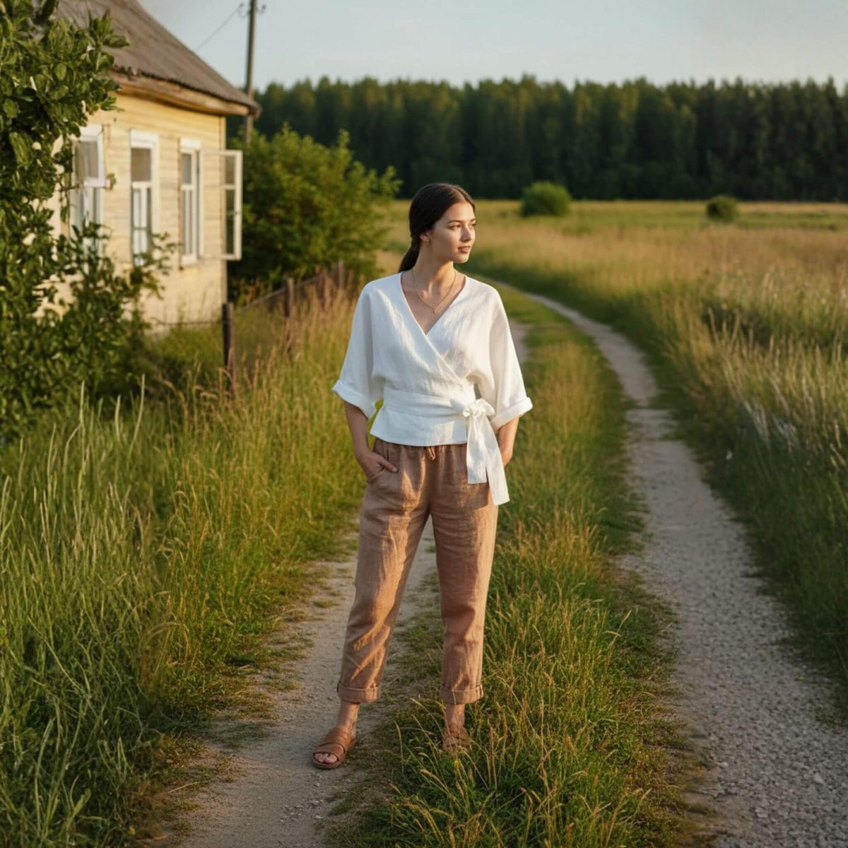 Linen Wrap Top, V Neck Linen Top