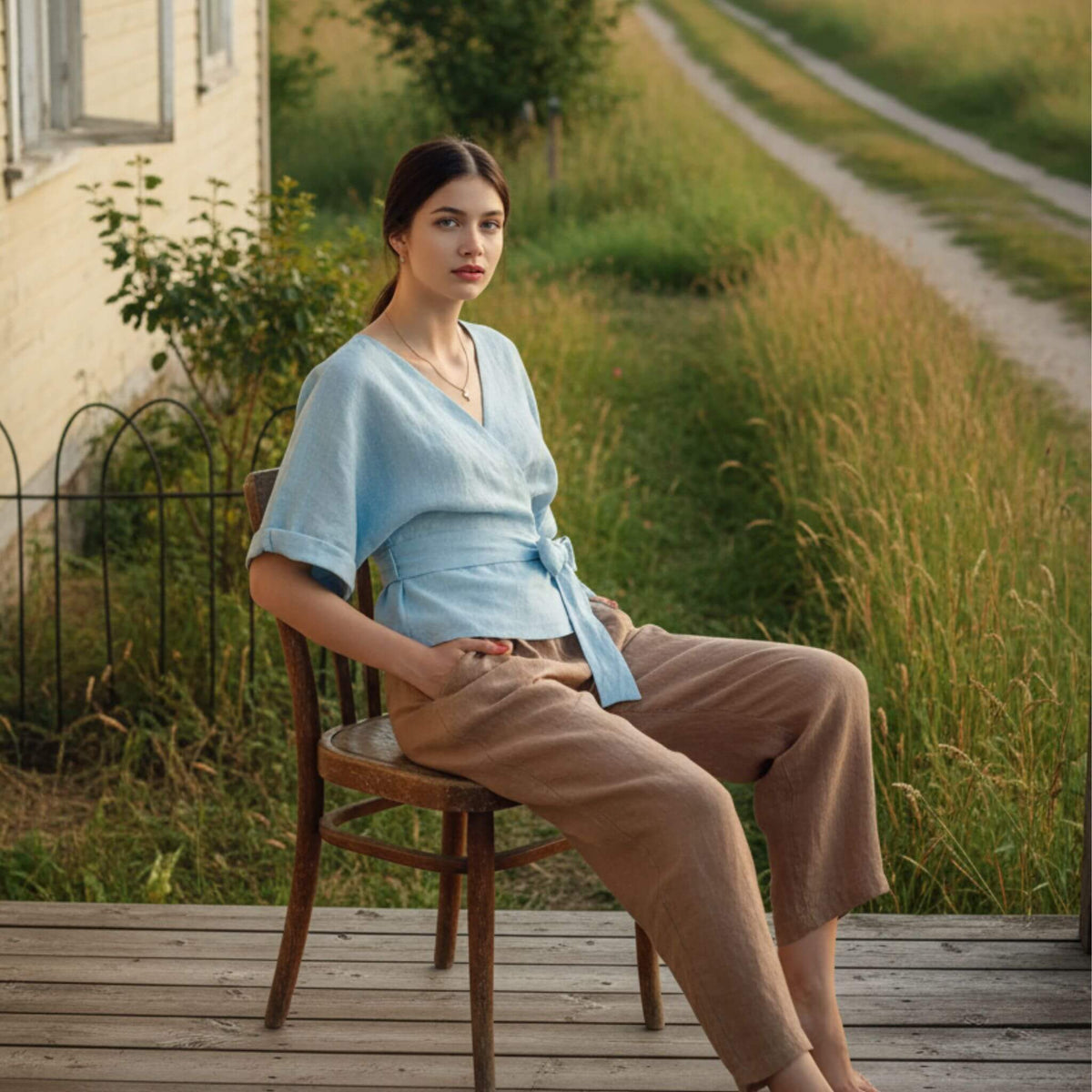 Linen Wrap Top, V Neck Linen Top