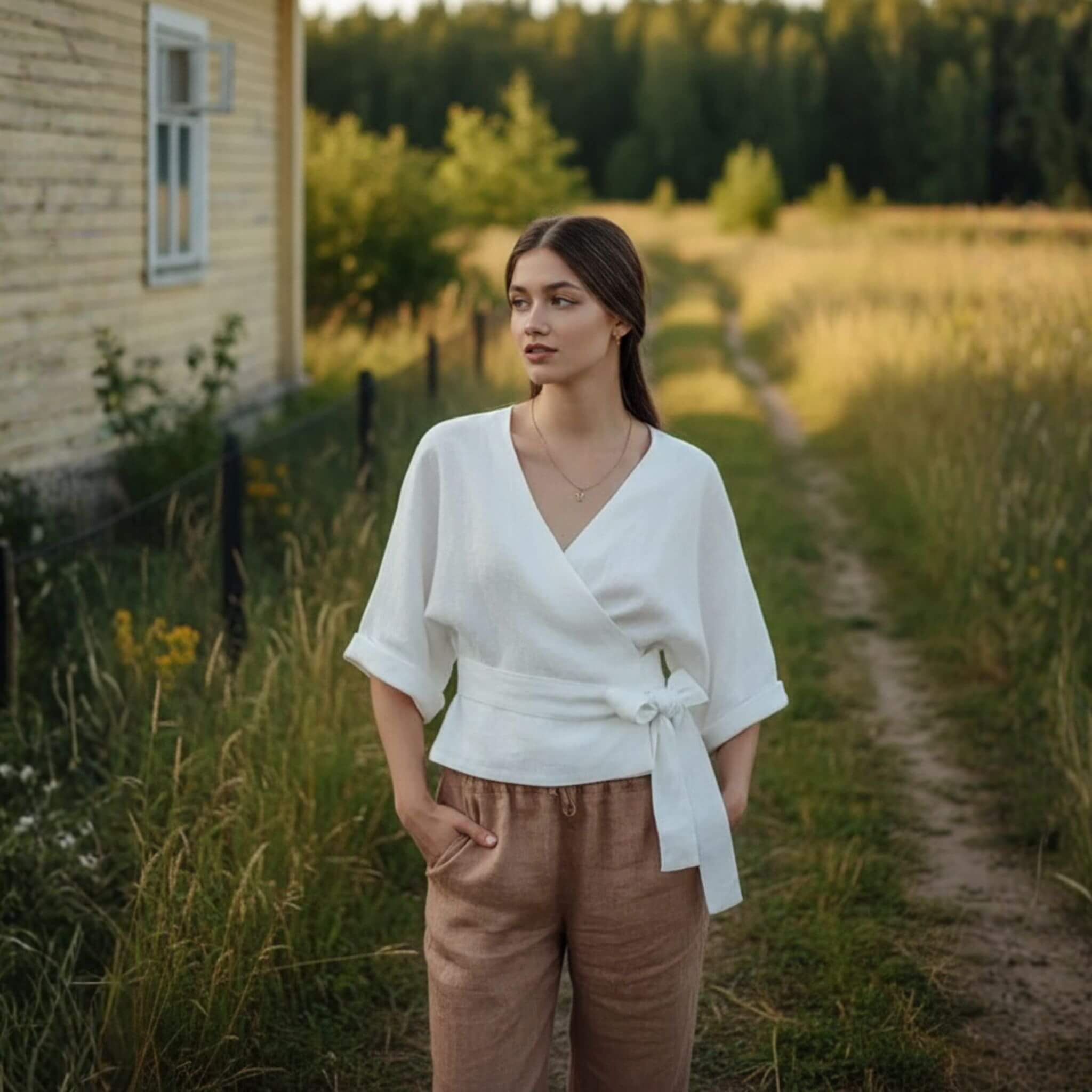 Linen Wrap Top, V Neck Linen Top