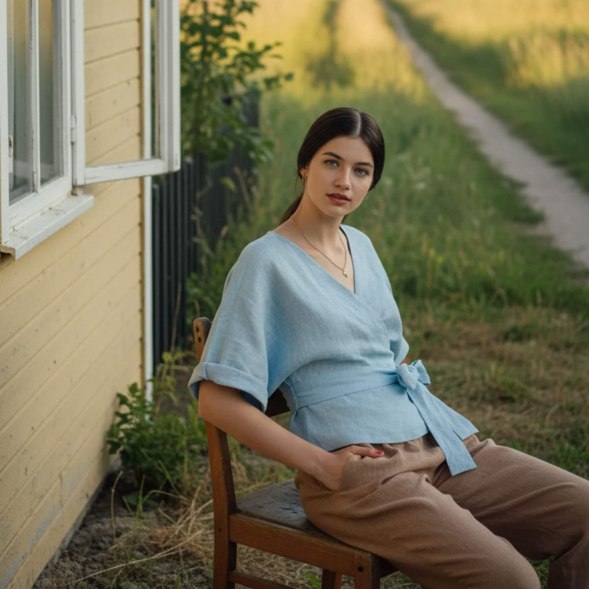 Linen Wrap Top, V Neck Linen Top