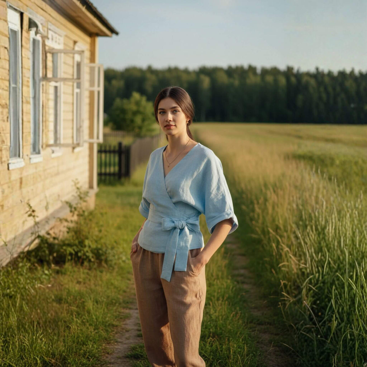 Linen Wrap Top, V Neck Linen Top