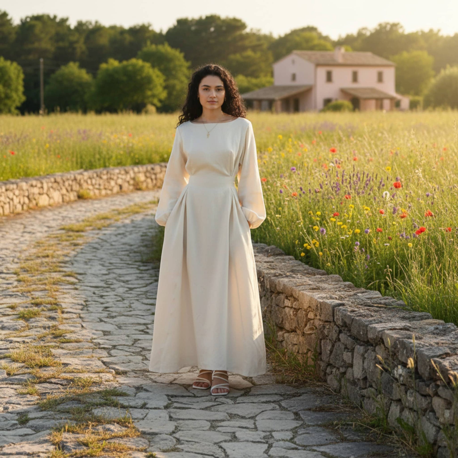 Long Sleeve Linen Maxi Dress, Tie Back Maxi Dress