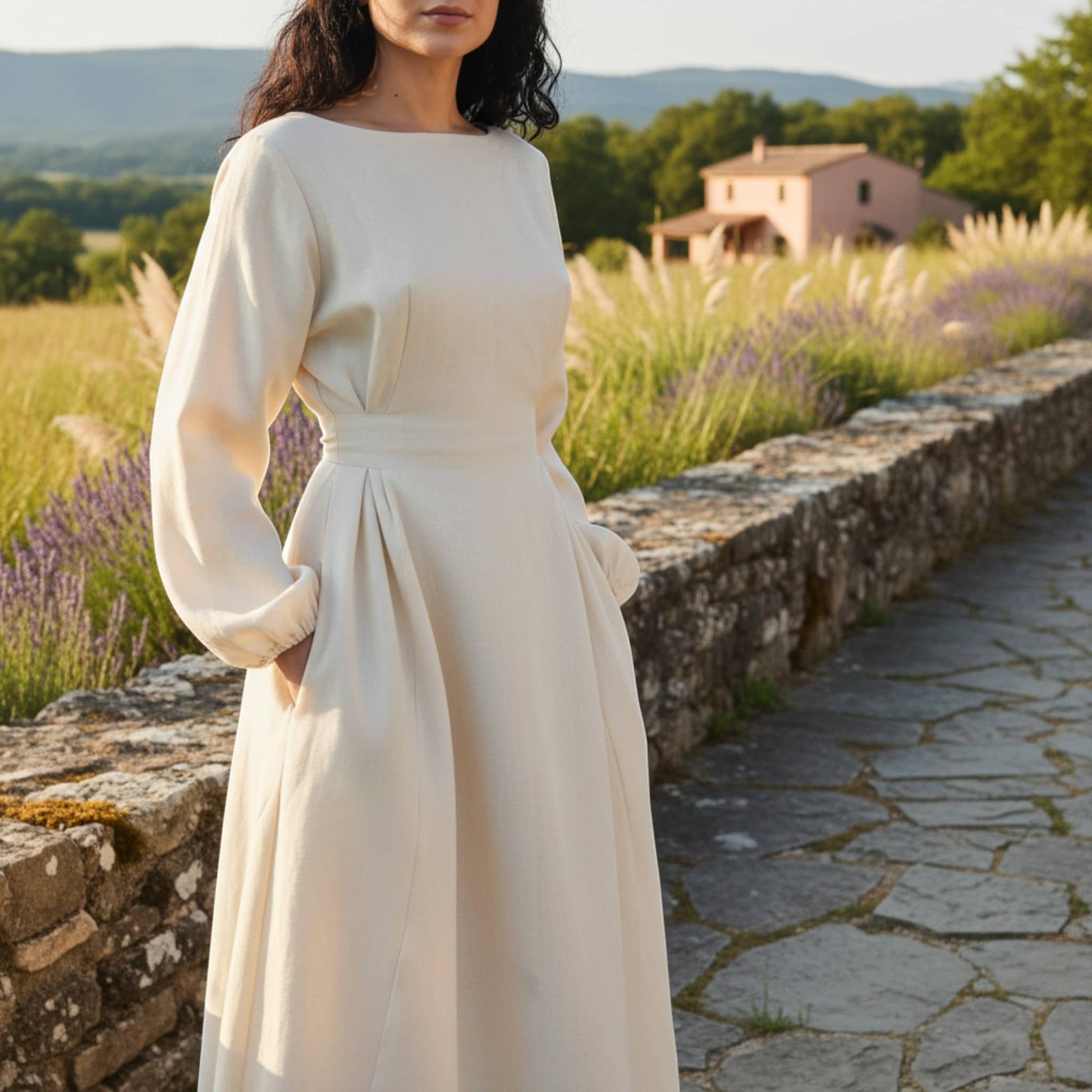 Long Sleeve Linen Maxi Dress, Tie Back Maxi Dress