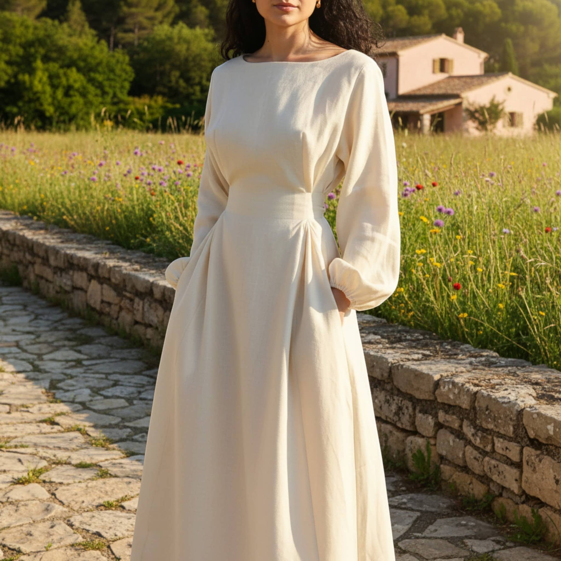 Long Sleeve Linen Maxi Dress, Tie Back Maxi Dress