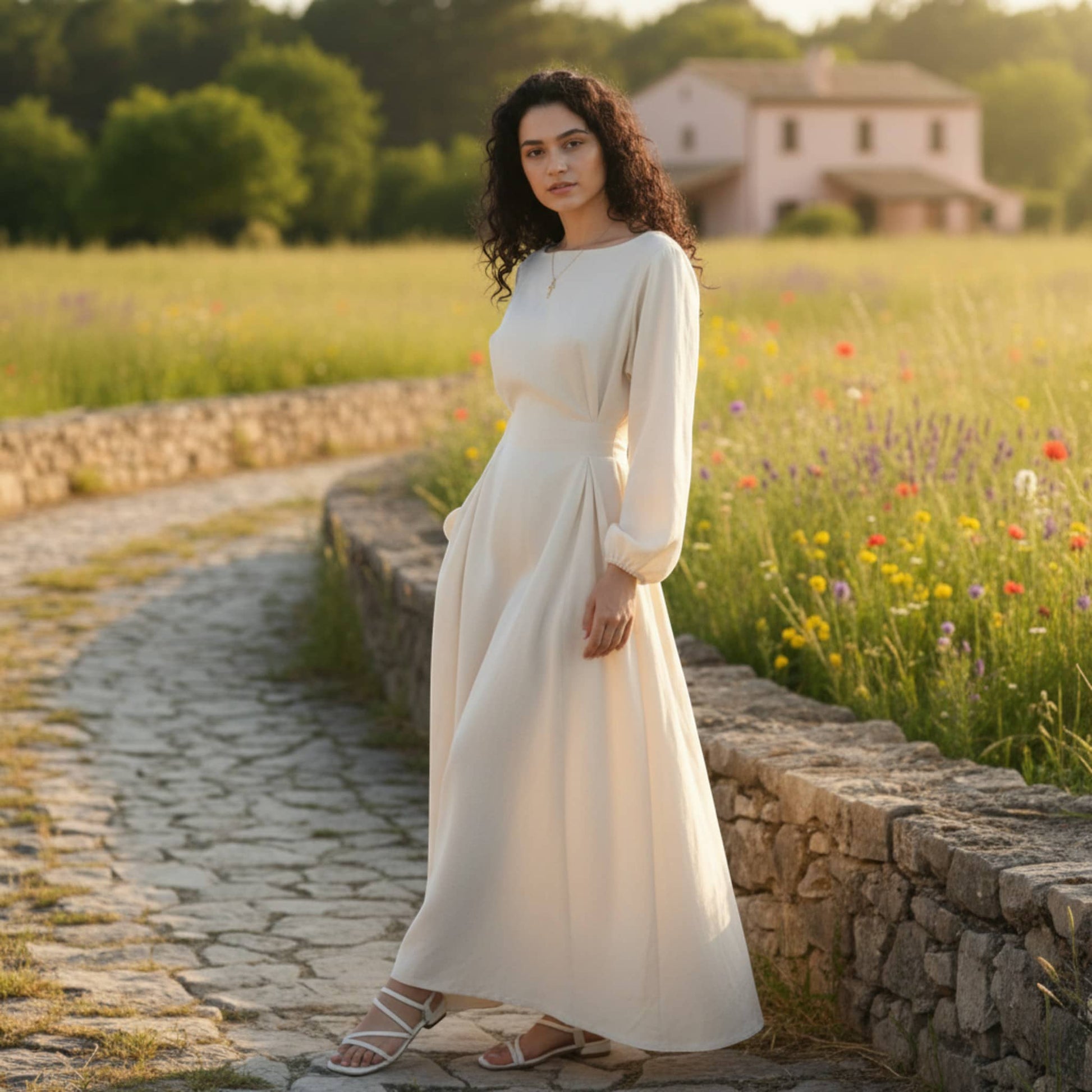 Long Sleeve Linen Maxi Dress, Tie Back Maxi Dress