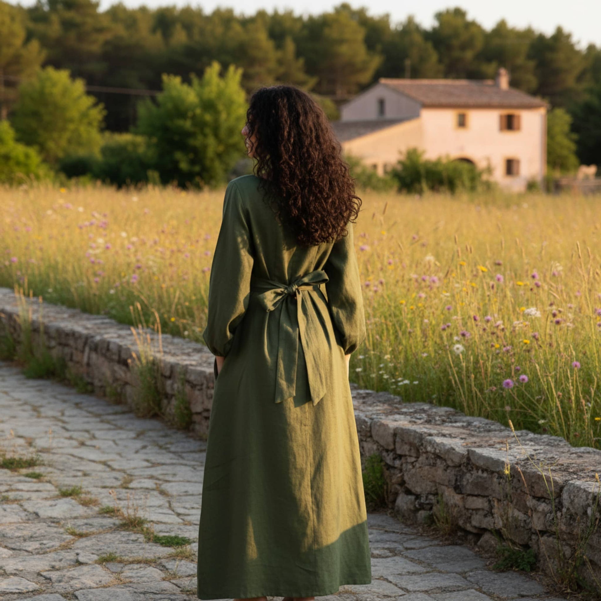Long Sleeve Linen Maxi Dress, Tie Back Maxi Dress