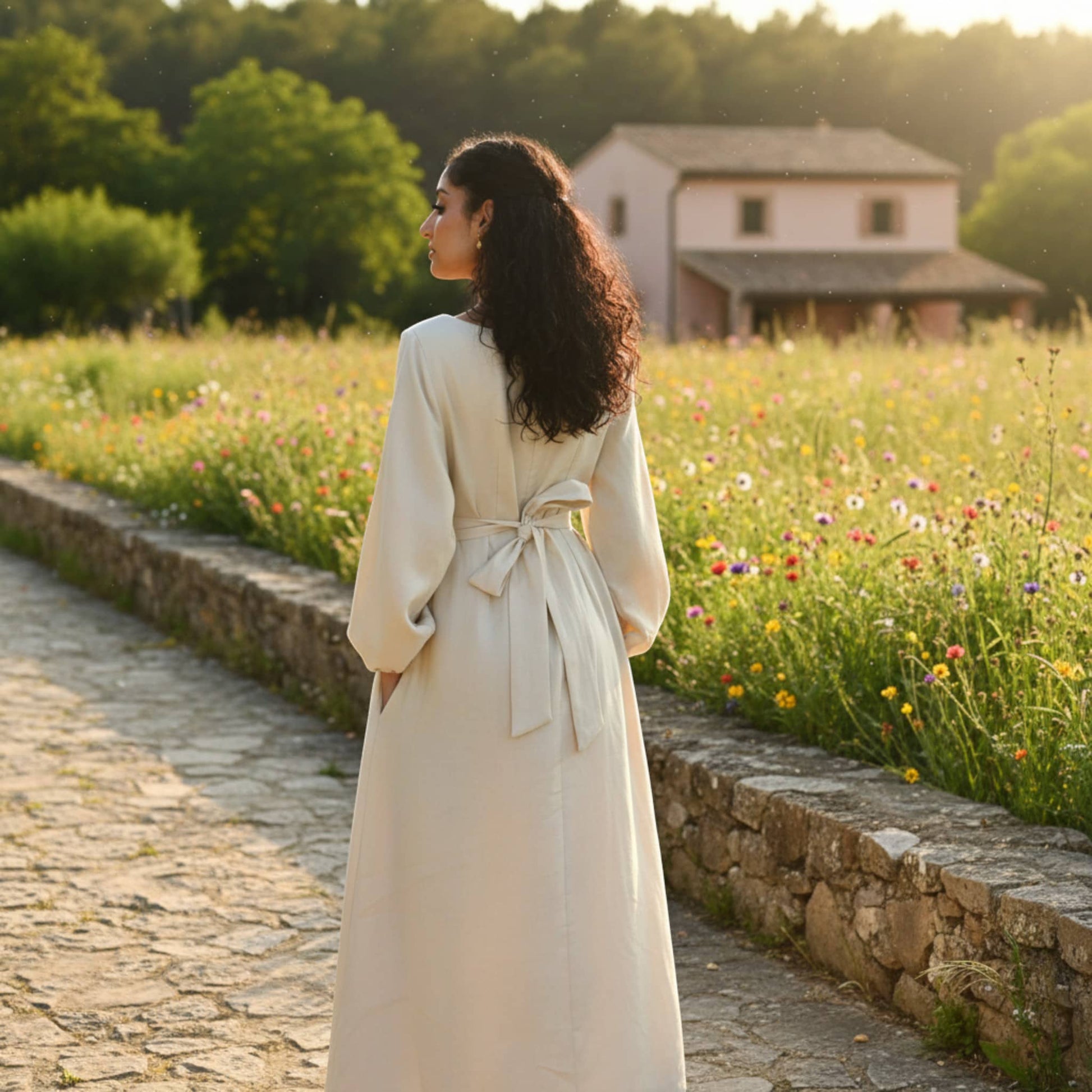 Long Sleeve Linen Maxi Dress, Tie Back Maxi Dress