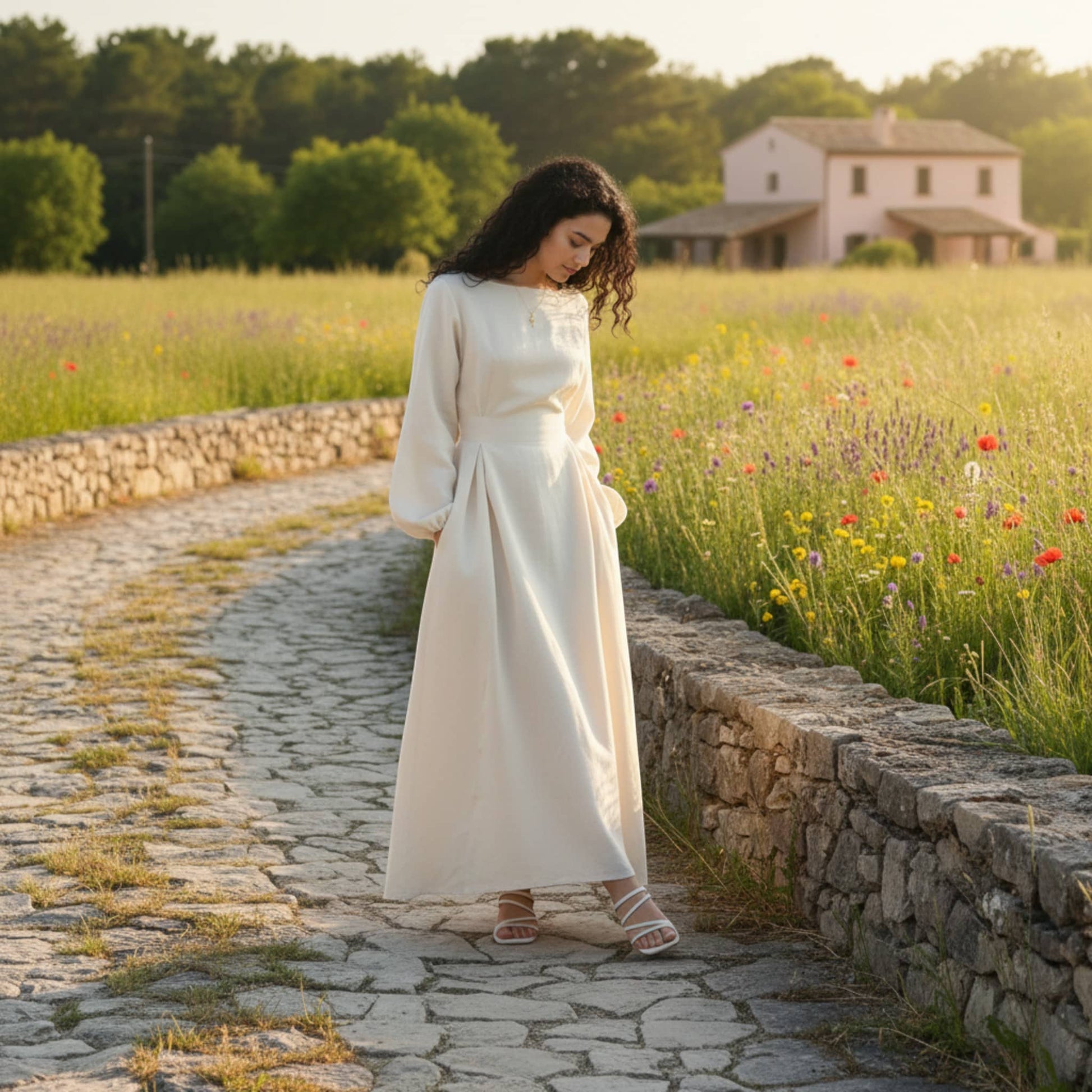 Long Sleeve Linen Maxi Dress, Tie Back Maxi Dress