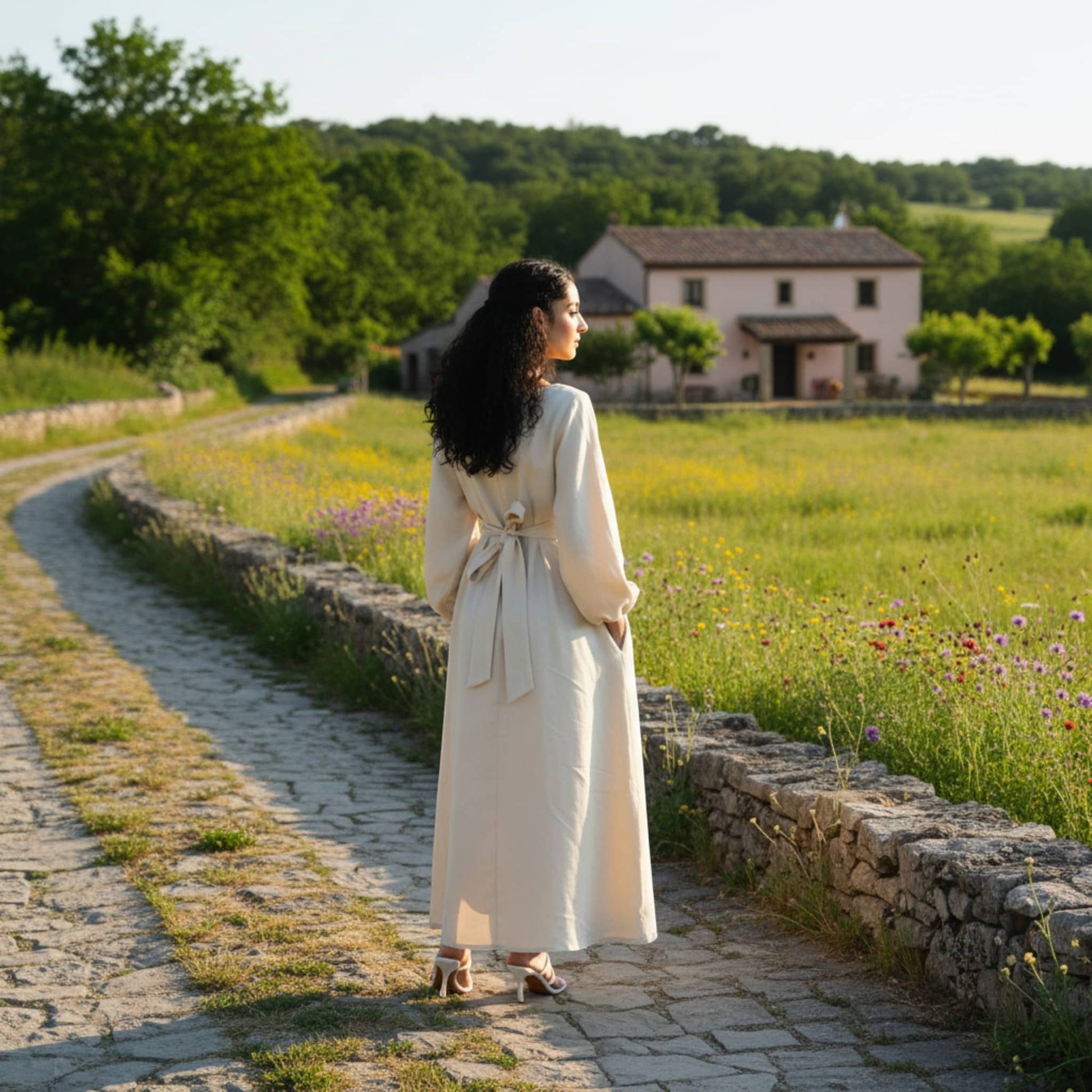 Long Sleeve Linen Maxi Dress, Tie Back Maxi Dress