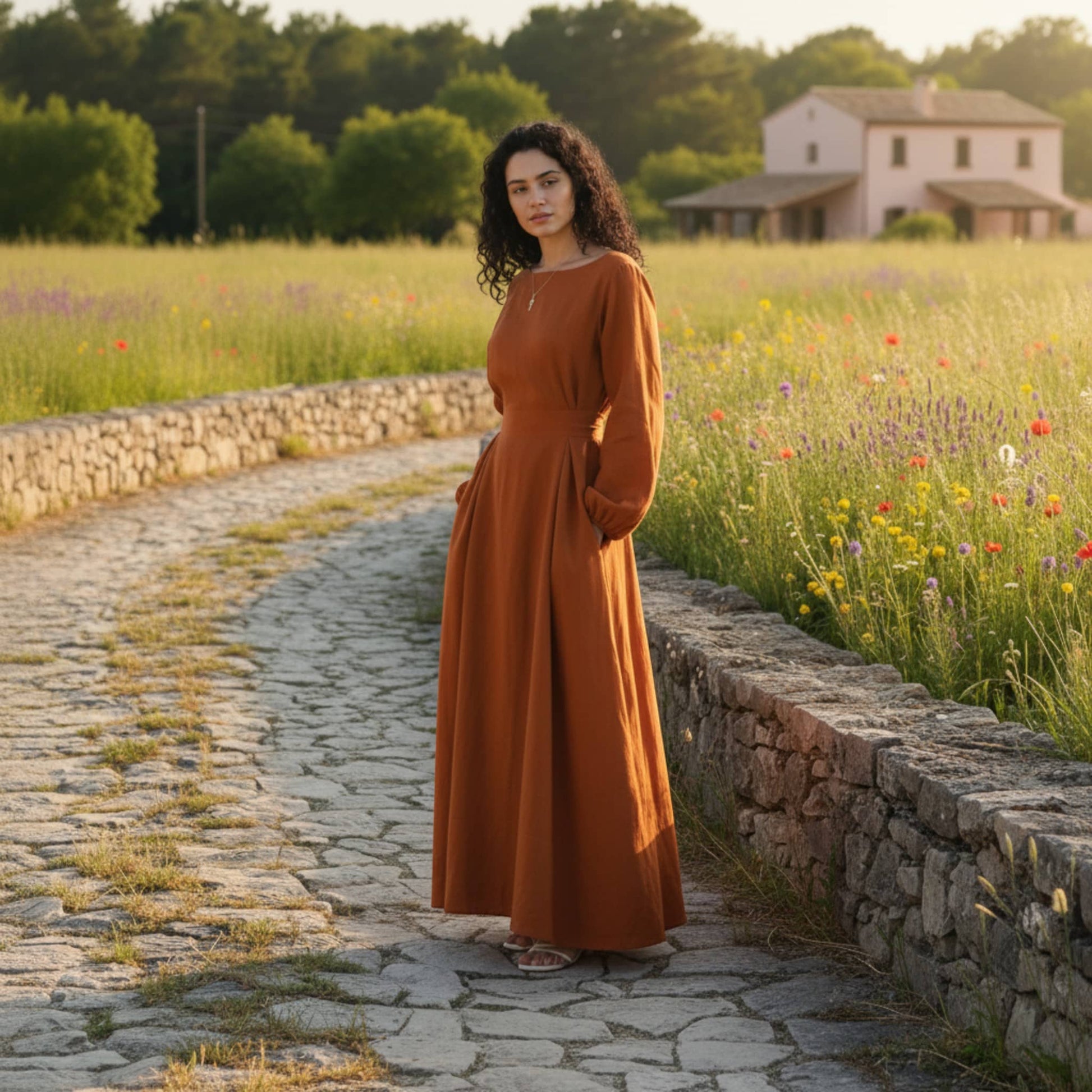 Long Sleeve Linen Maxi Dress, Tie Back Maxi Dress