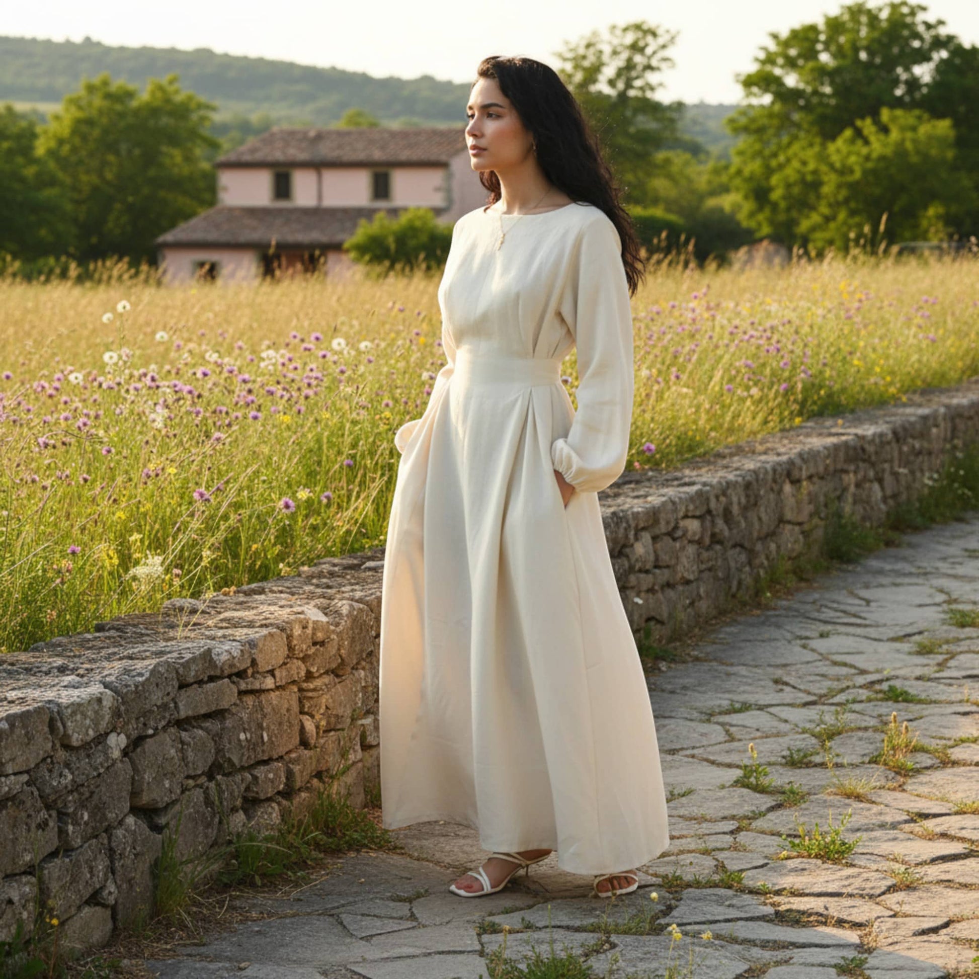 Long Sleeve Linen Maxi Dress, Tie Back Maxi Dress