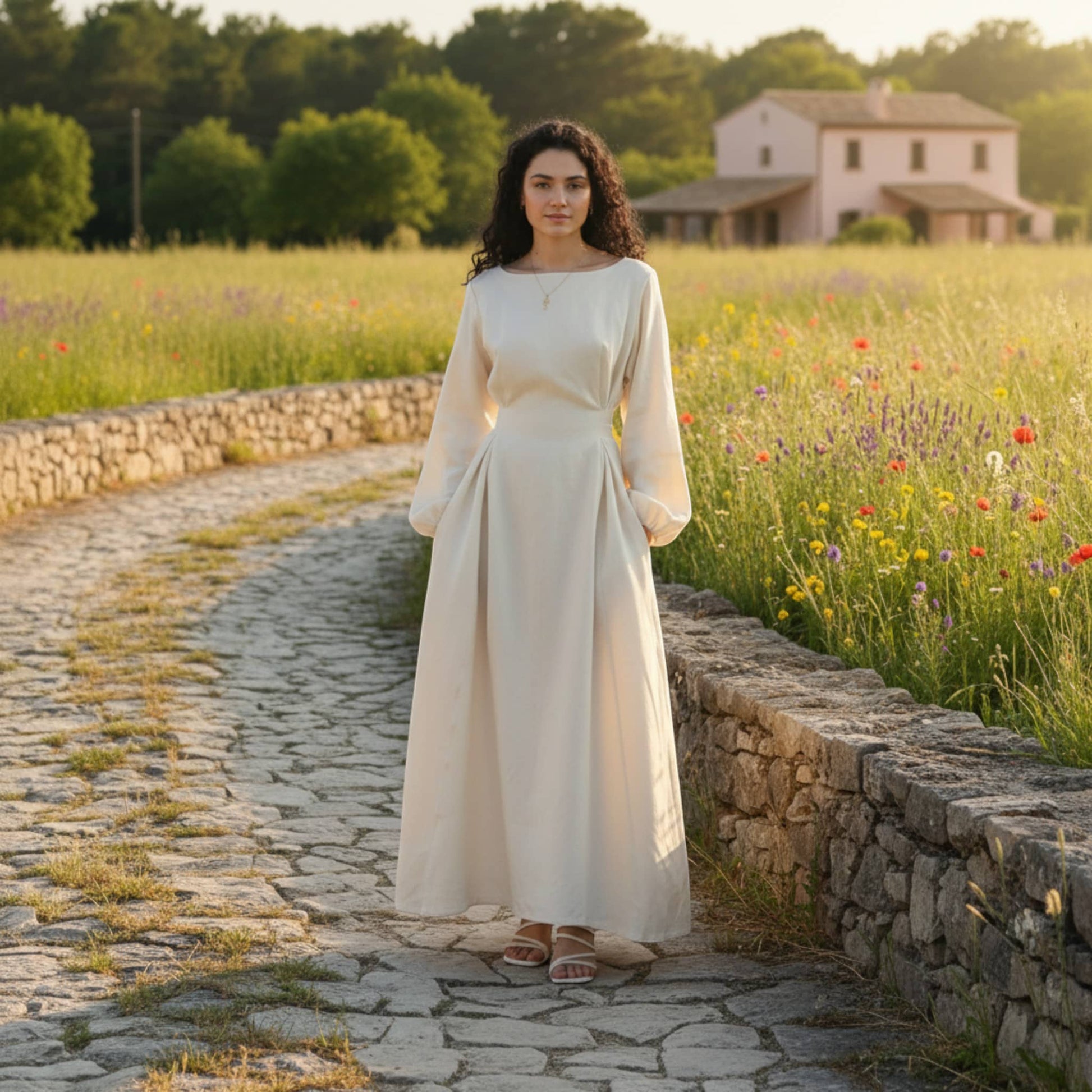 Long Sleeve Linen Maxi Dress, Tie Back Maxi Dress