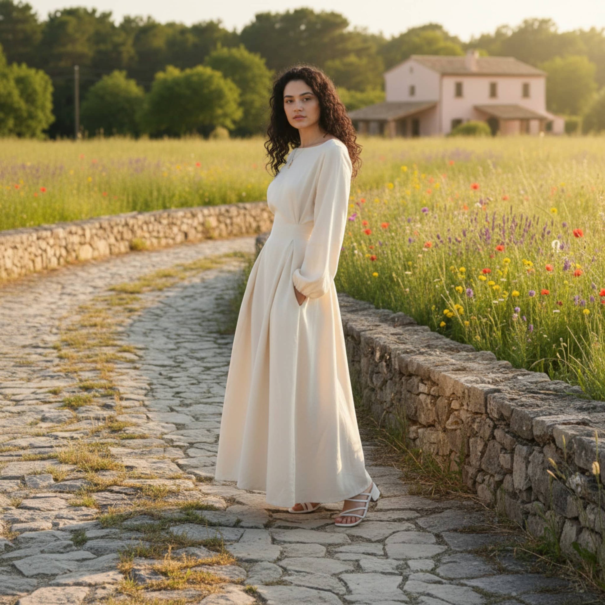 Long Sleeve Linen Maxi Dress, Tie Back Maxi Dress