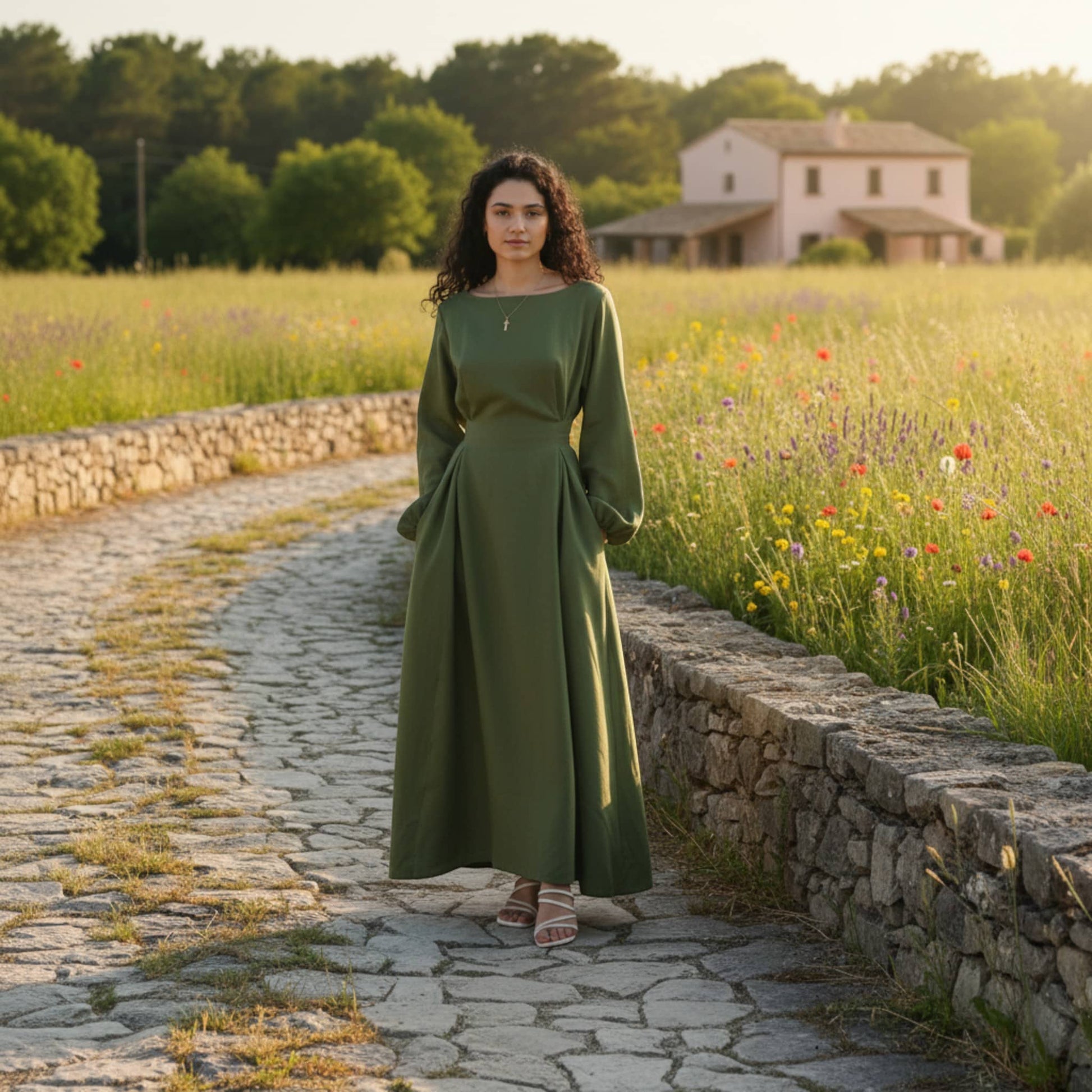 Long Sleeve Linen Maxi Dress, Tie Back Maxi Dress