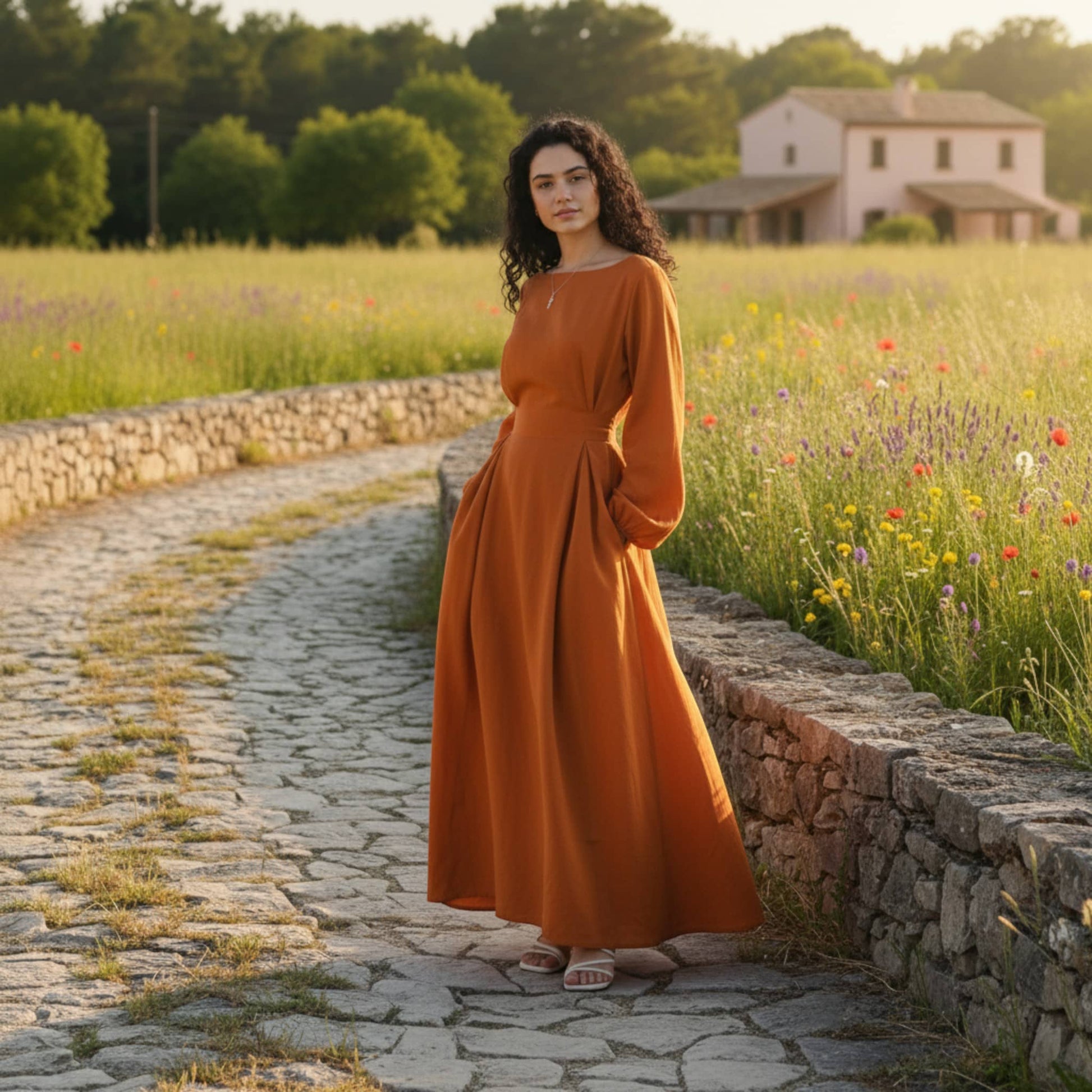 Long Sleeve Linen Maxi Dress, Tie Back Maxi Dress