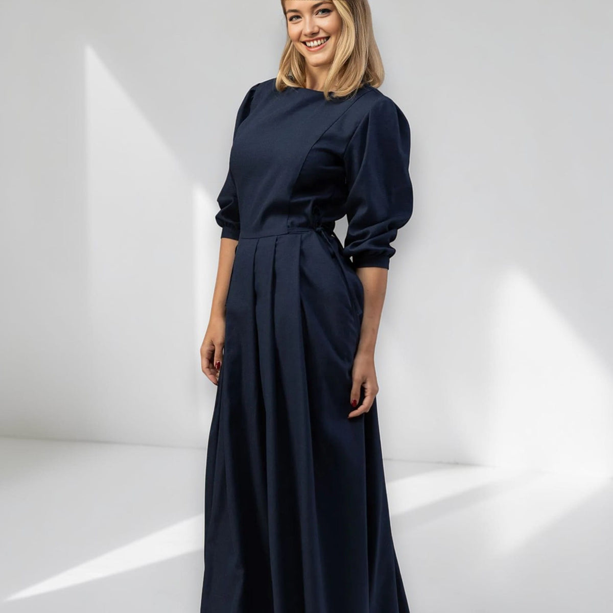 Long Sleeve Linen Maxi Dress, Tie Waist Linen Dress
