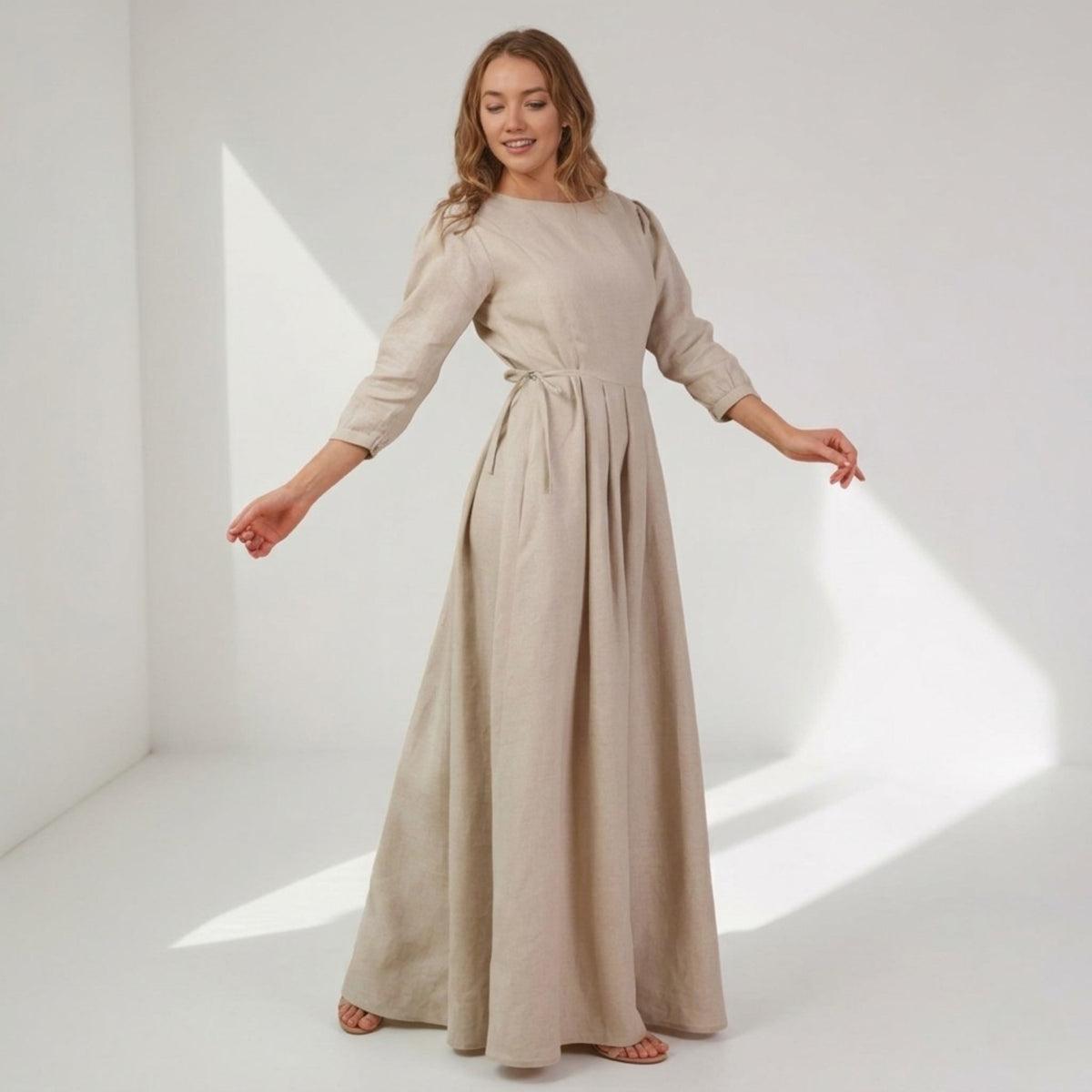 Long Sleeve Linen Maxi Dress, Tie Waist Linen Dress