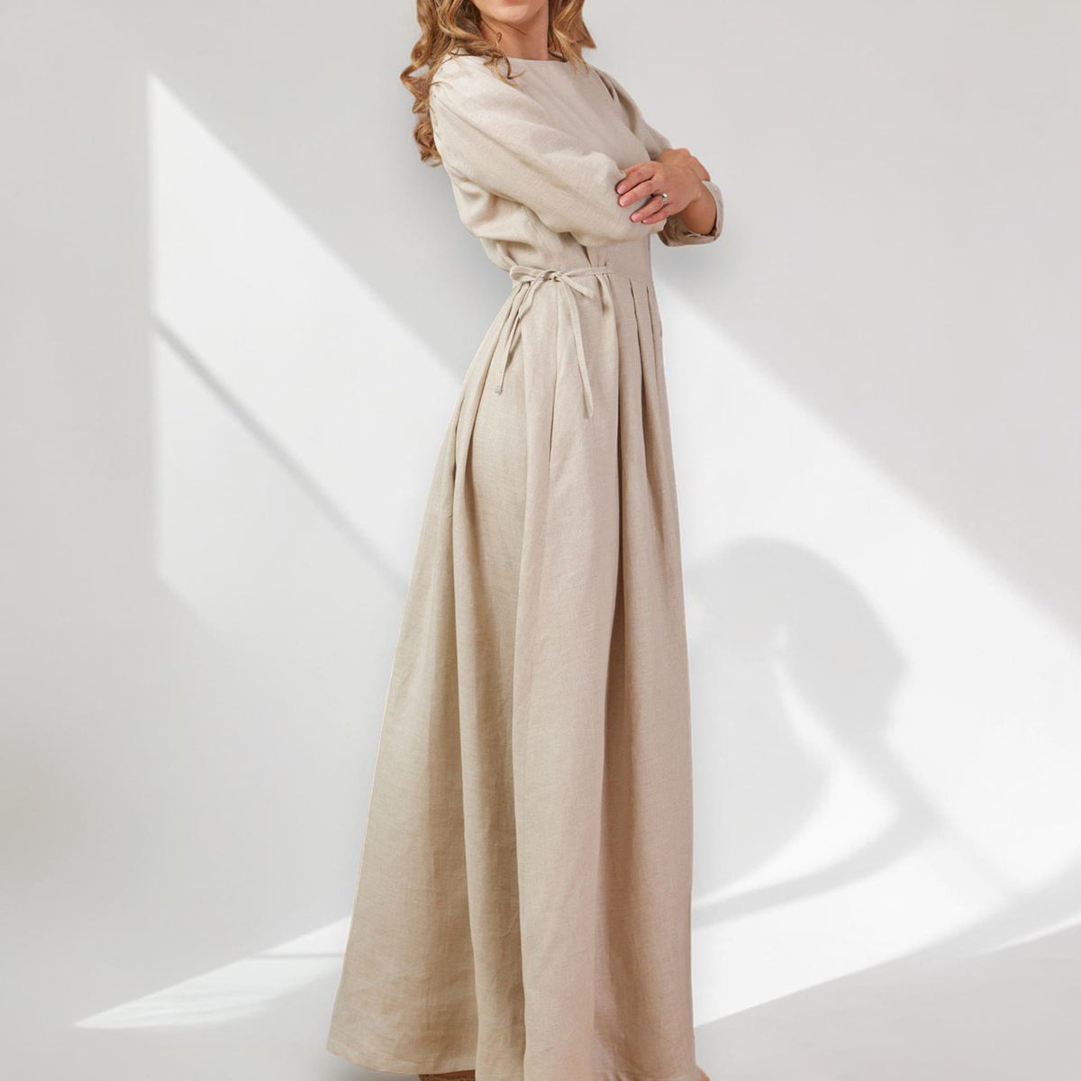 Long Sleeve Linen Maxi Dress, Tie Waist Linen Dress