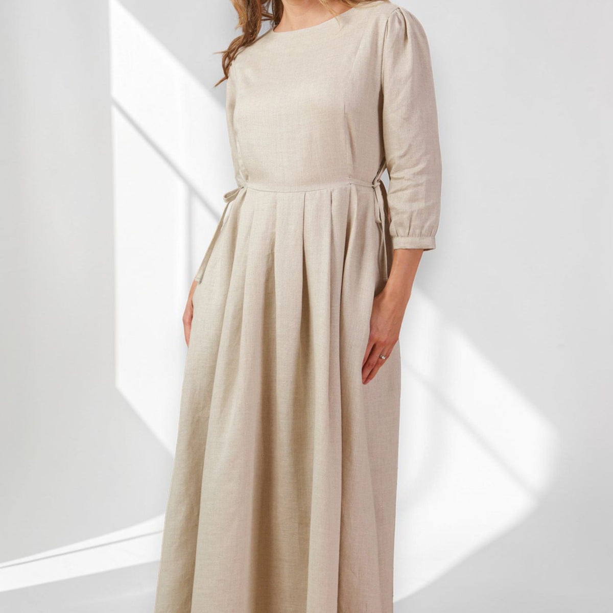 Long Sleeve Linen Maxi Dress, Tie Waist Linen Dress