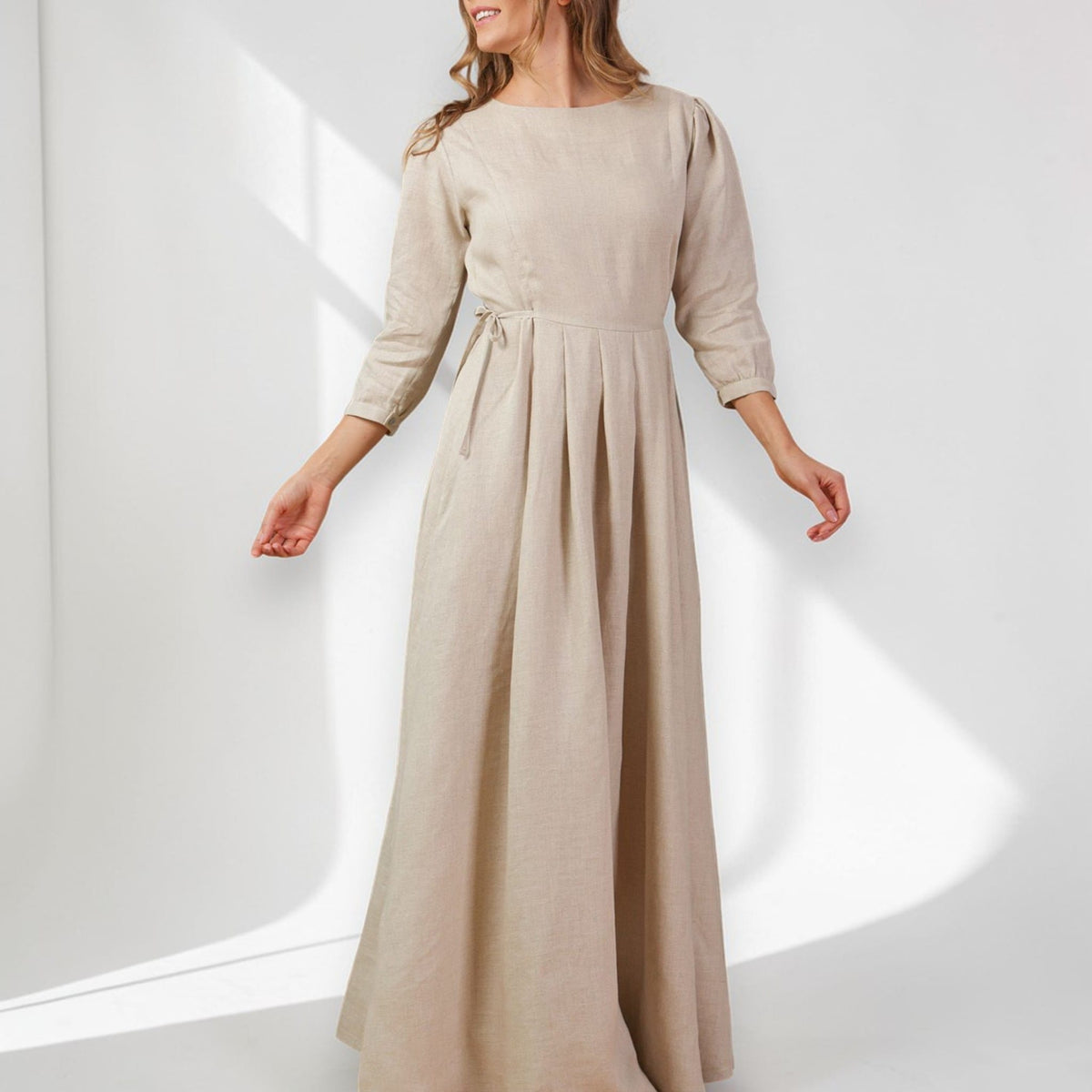 Long Sleeve Linen Maxi Dress, Tie Waist Linen Dress