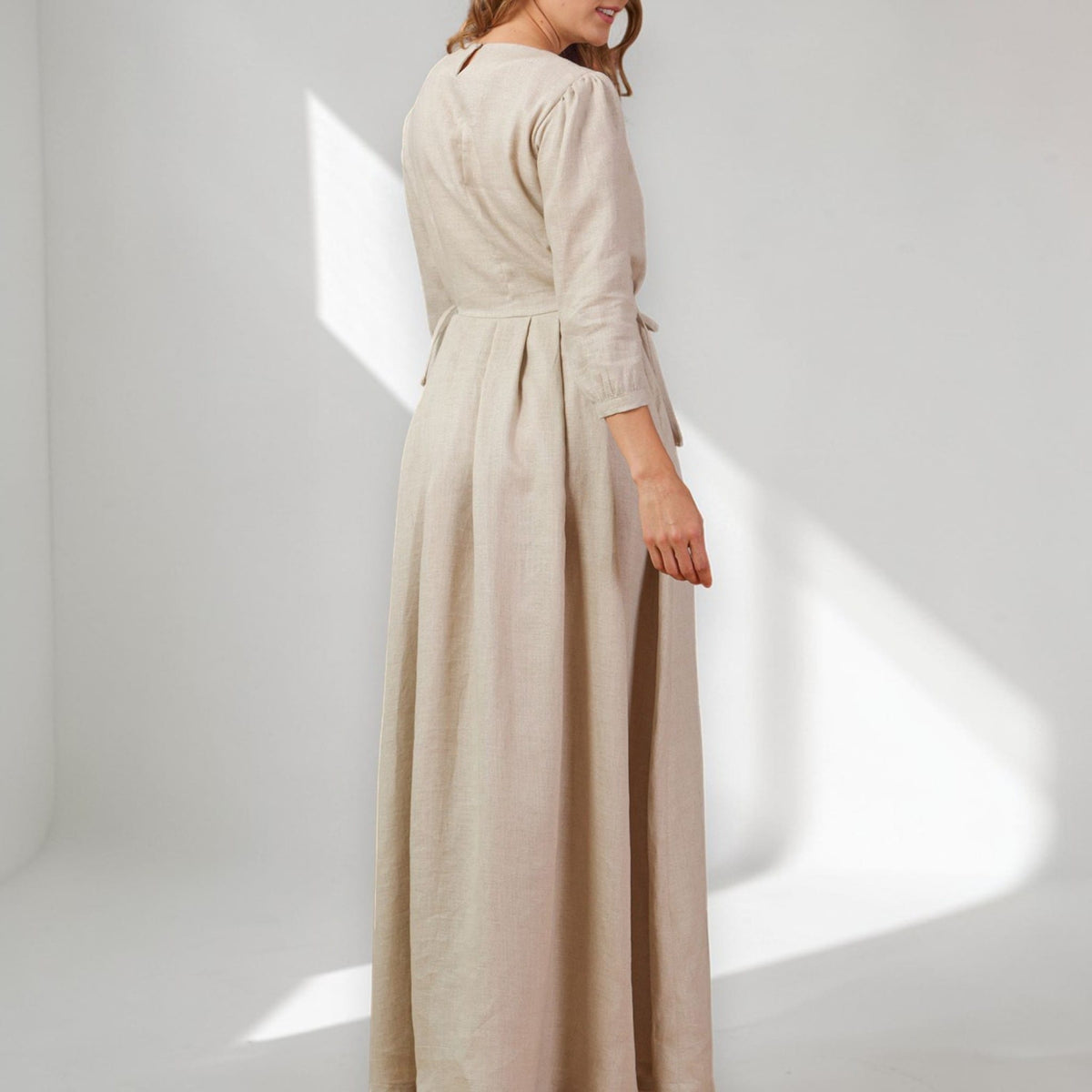 Long Sleeve Linen Maxi Dress, Tie Waist Linen Dress