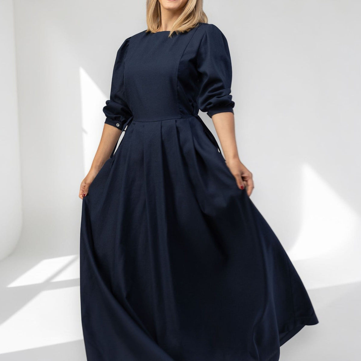Long Sleeve Linen Maxi Dress, Tie Waist Linen Dress