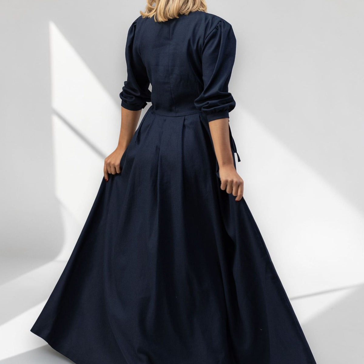 Long Sleeve Linen Maxi Dress, Tie Waist Linen Dress