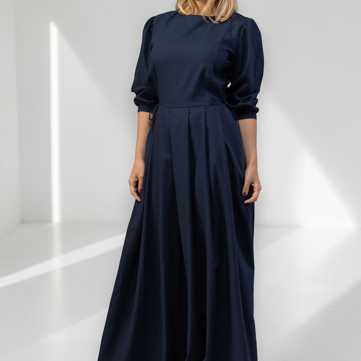 Long Sleeve Linen Maxi Dress, Tie Waist Linen Dress
